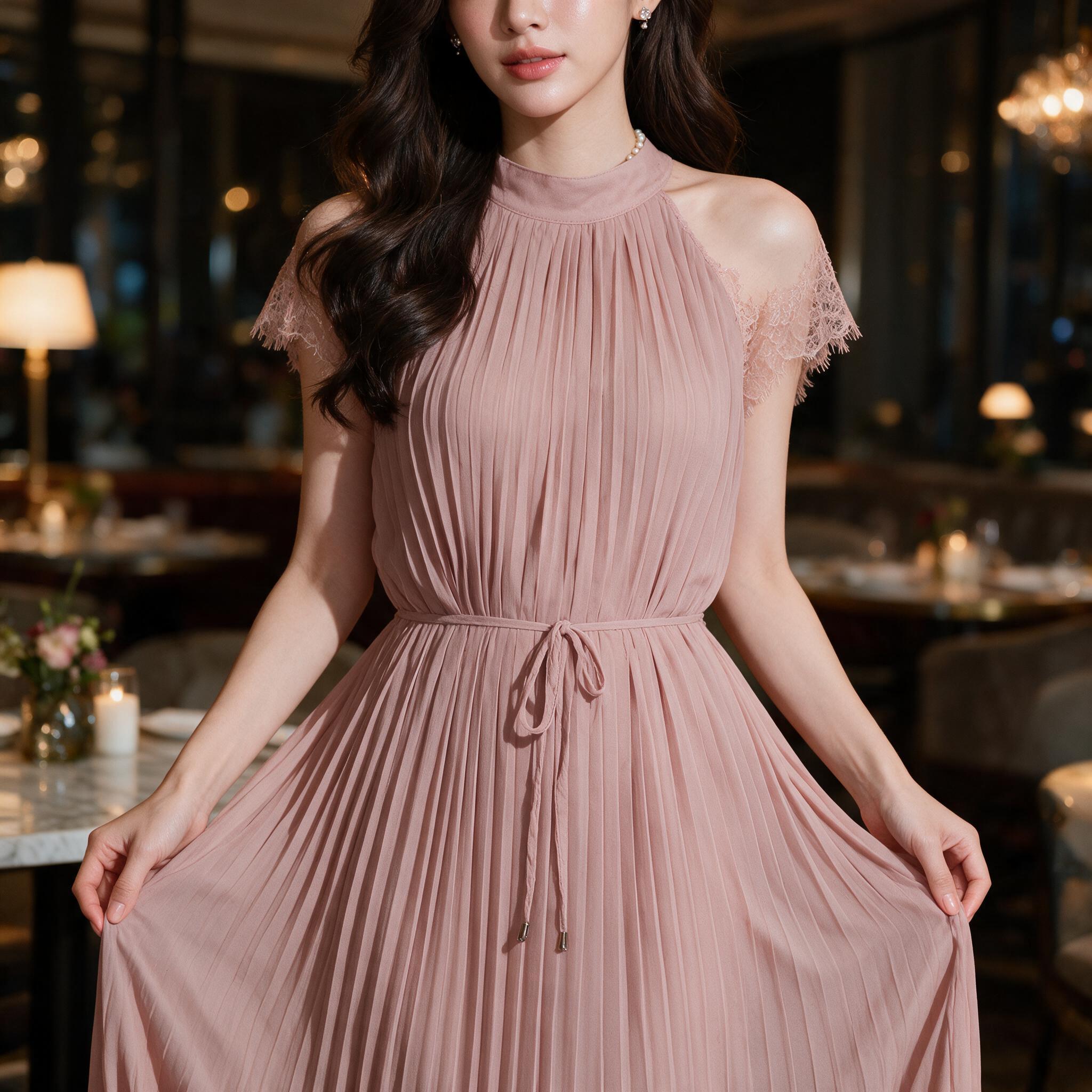 Mamong ชุดให้นม 0050 เดรสออกงานชีฟองพรีท แต่งลูกไม้ - รายละเอียดผ้าและงานตัดเย็บ