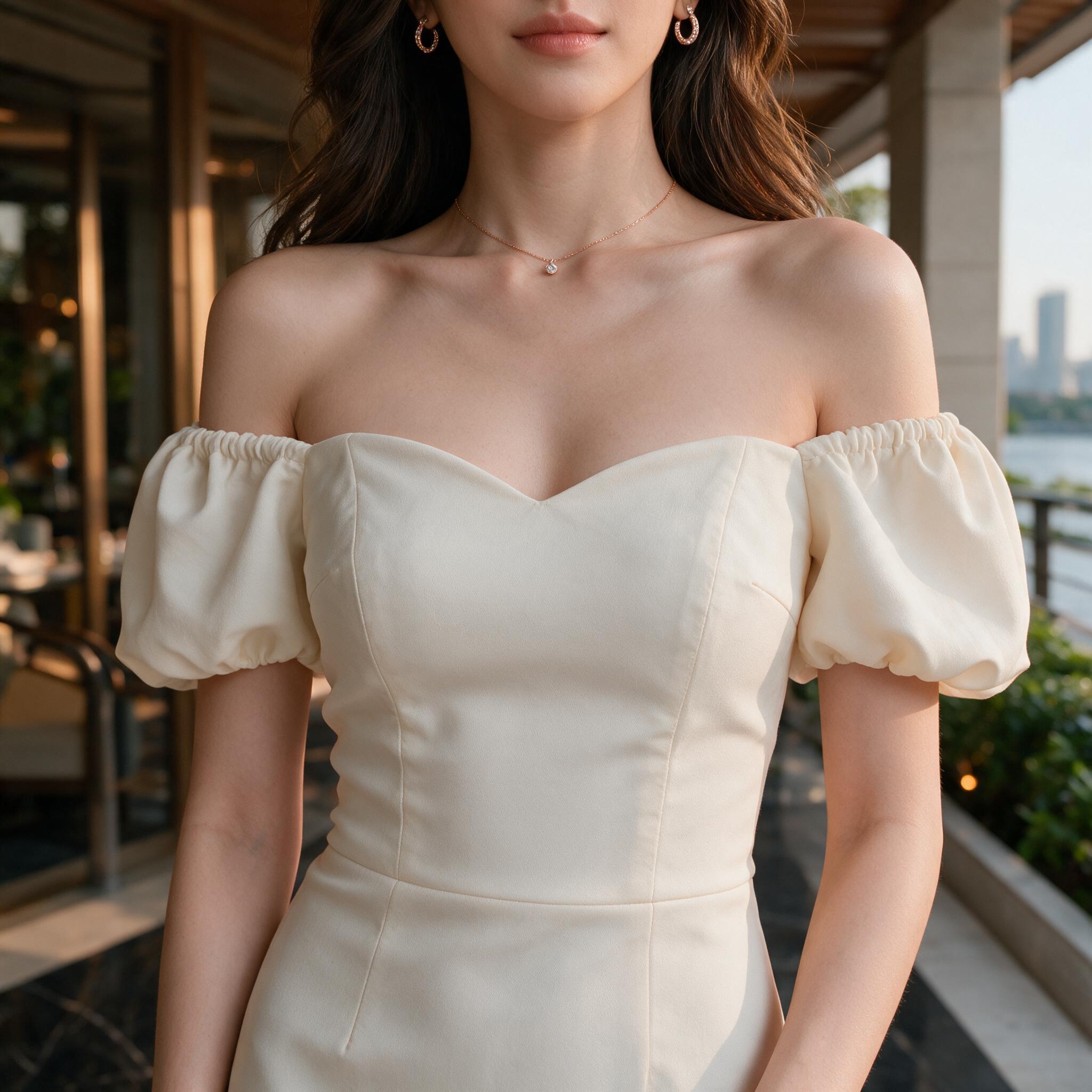 'Candy Dress' - เดรสแขนพองเจ้าหญิง ชุดไปงานเเต่ง - รายละเอียดผ้าและงานตัดเย็บ