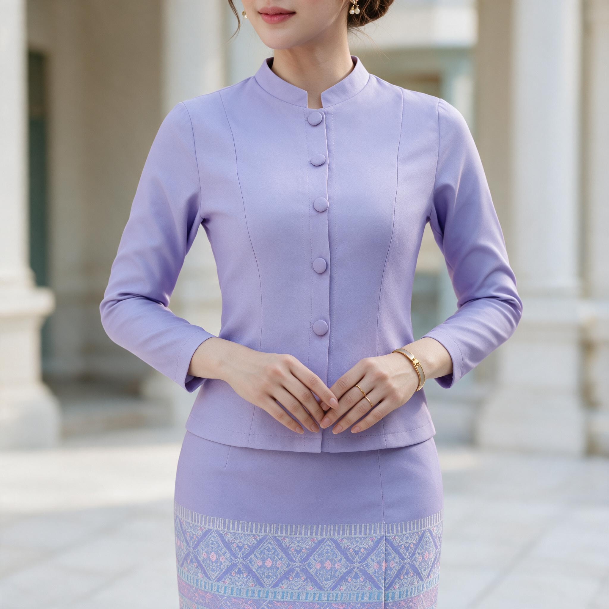 KSPC29 ชุดเซ็ทจิตรลดา เสื้อกระดุมหน้า คอจีน แขนยาว กระโปรง - รายละเอียดผ้าและงานตัดเย็บ