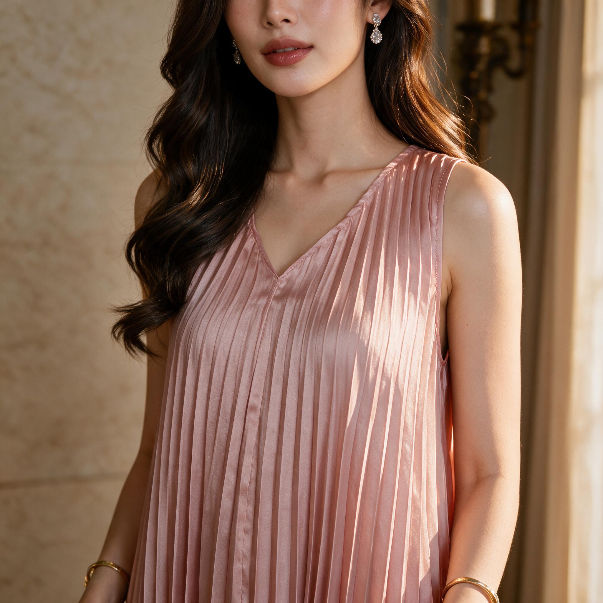 Mamong ชุดให้นม P1034 เดรสให้นมออกงานแขนกุดอัดพรีท - รายละเอียดผ้าและงานตัดเย็บ