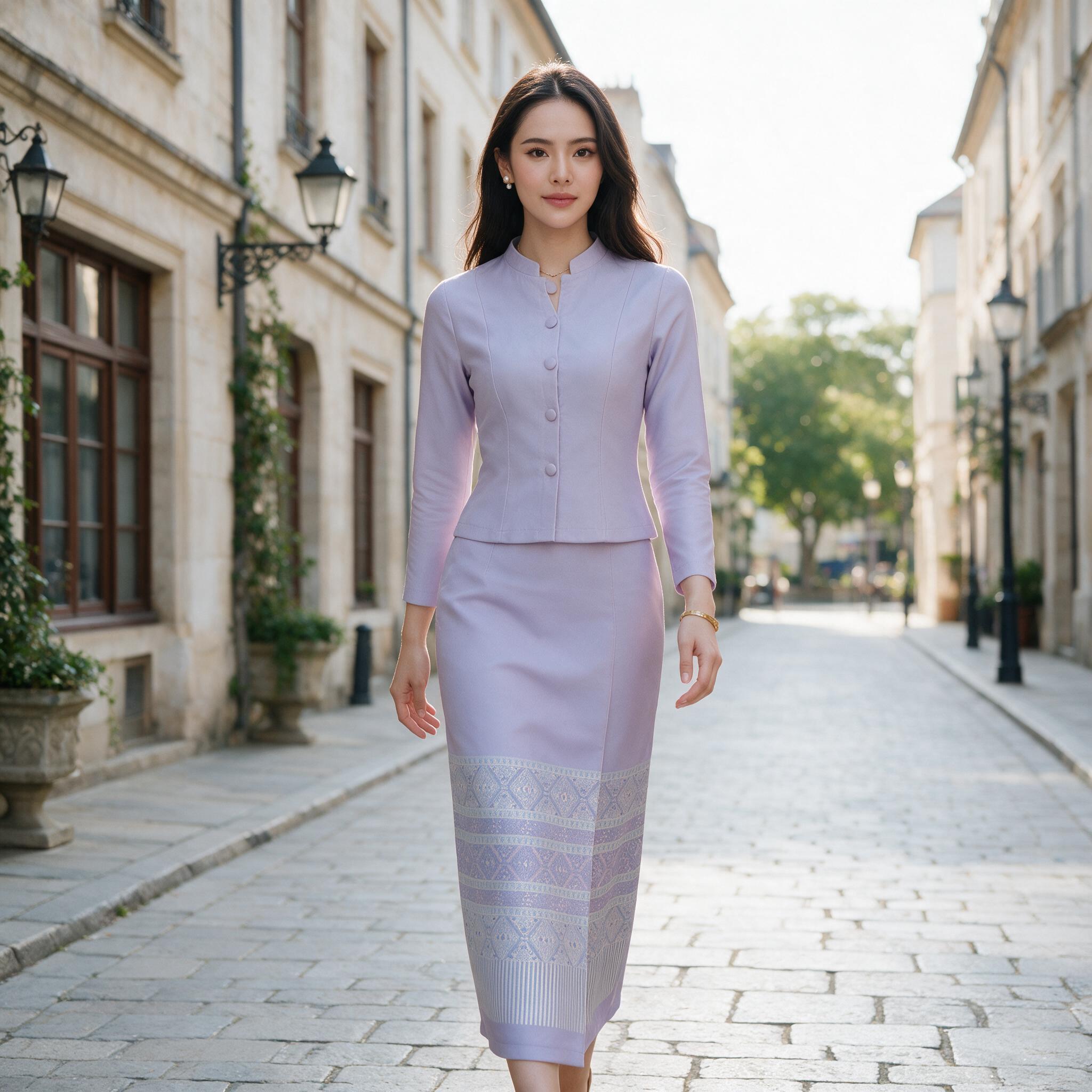 KSPC29 ชุดเซ็ทจิตรลดา เสื้อกระดุมหน้า คอจีน แขนยาว กระโปรง - ลุคใส่จริง