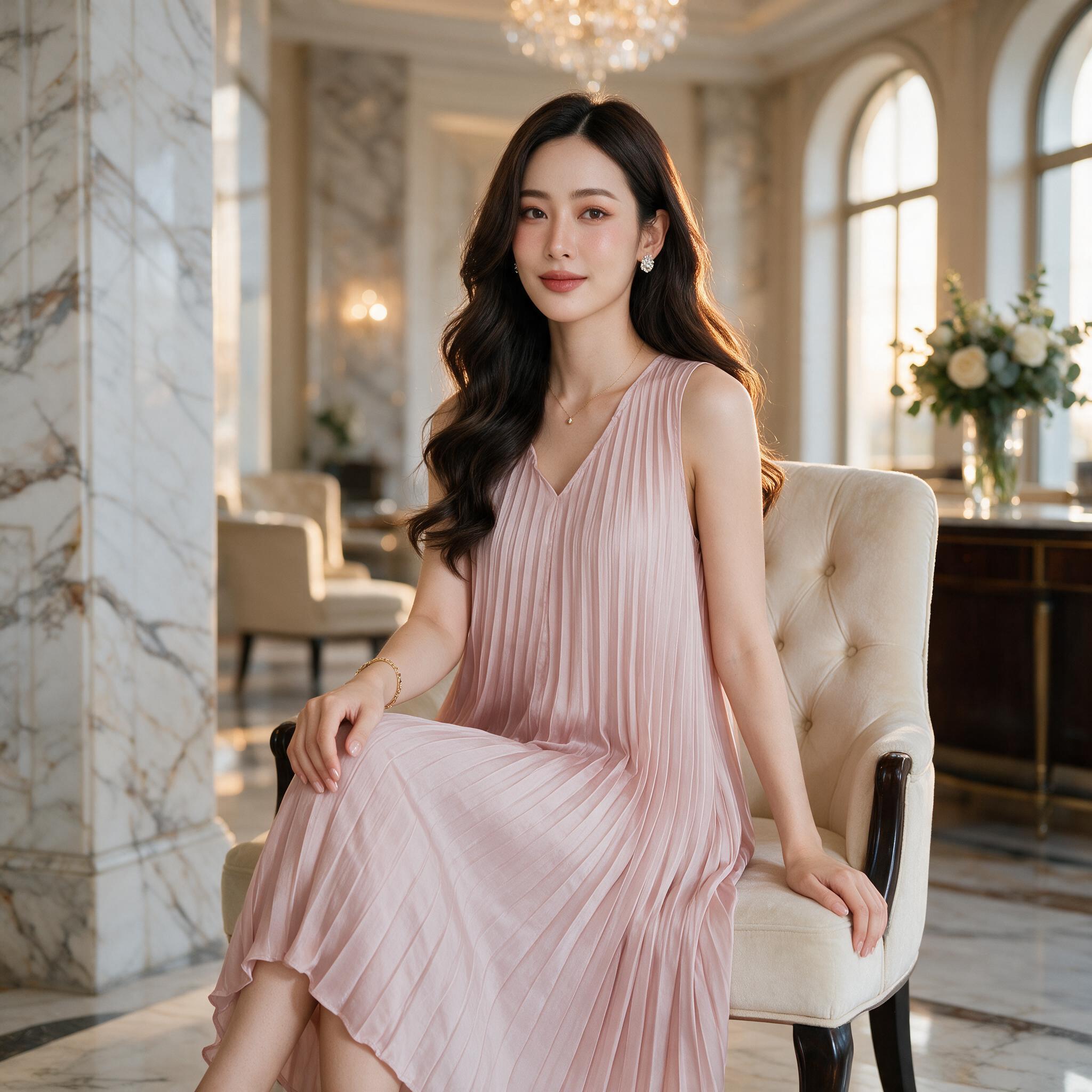 Mamong ชุดให้นม P1034 เดรสให้นมออกงานแขนกุดอัดพรีท - ลุคใส่จริง