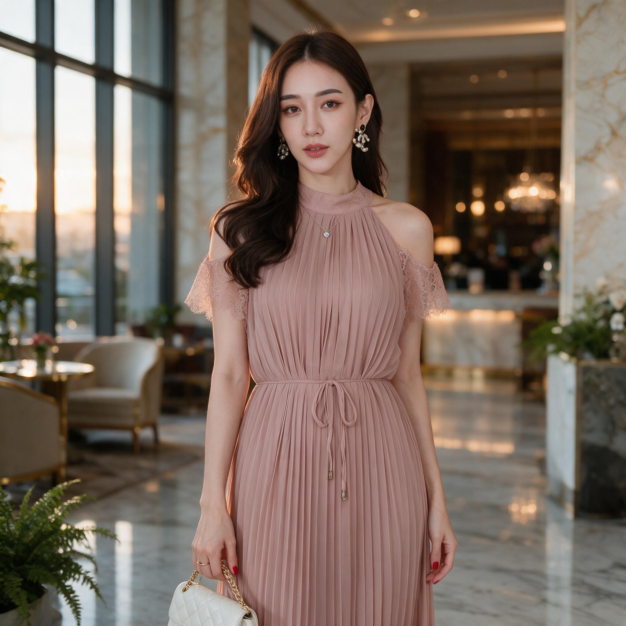 Mamong ชุดให้นม 0050 เดรสออกงานชีฟองพรีท แต่งลูกไม้ - ลุคพอร์ตเทรต