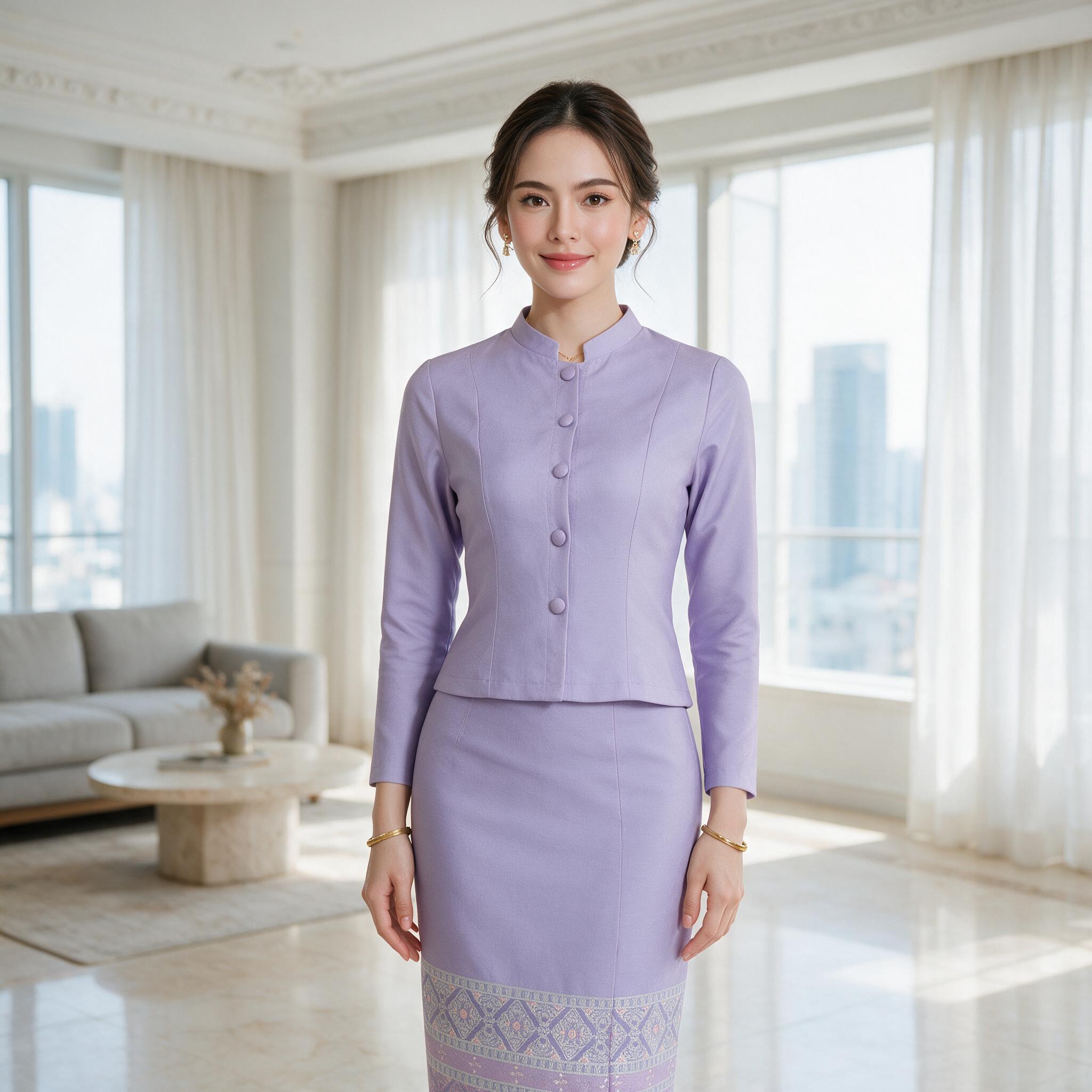 KSPC29 ชุดเซ็ทจิตรลดา เสื้อกระดุมหน้า คอจีน แขนยาว กระโปรง - ลุคพอร์ตเทรต
