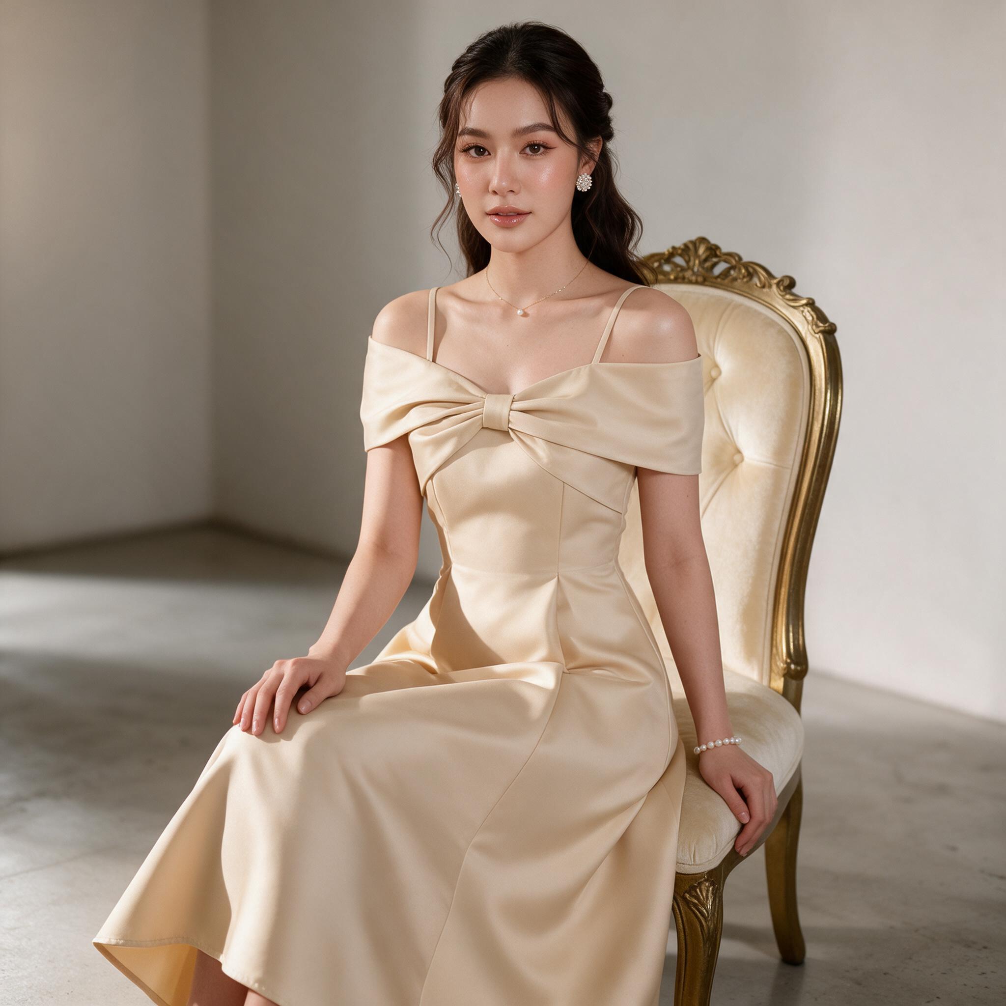 Dress เปิดบ่า โบว์อก กระโปรงบาน เรียบหรู ชุดไปงานแต่ง