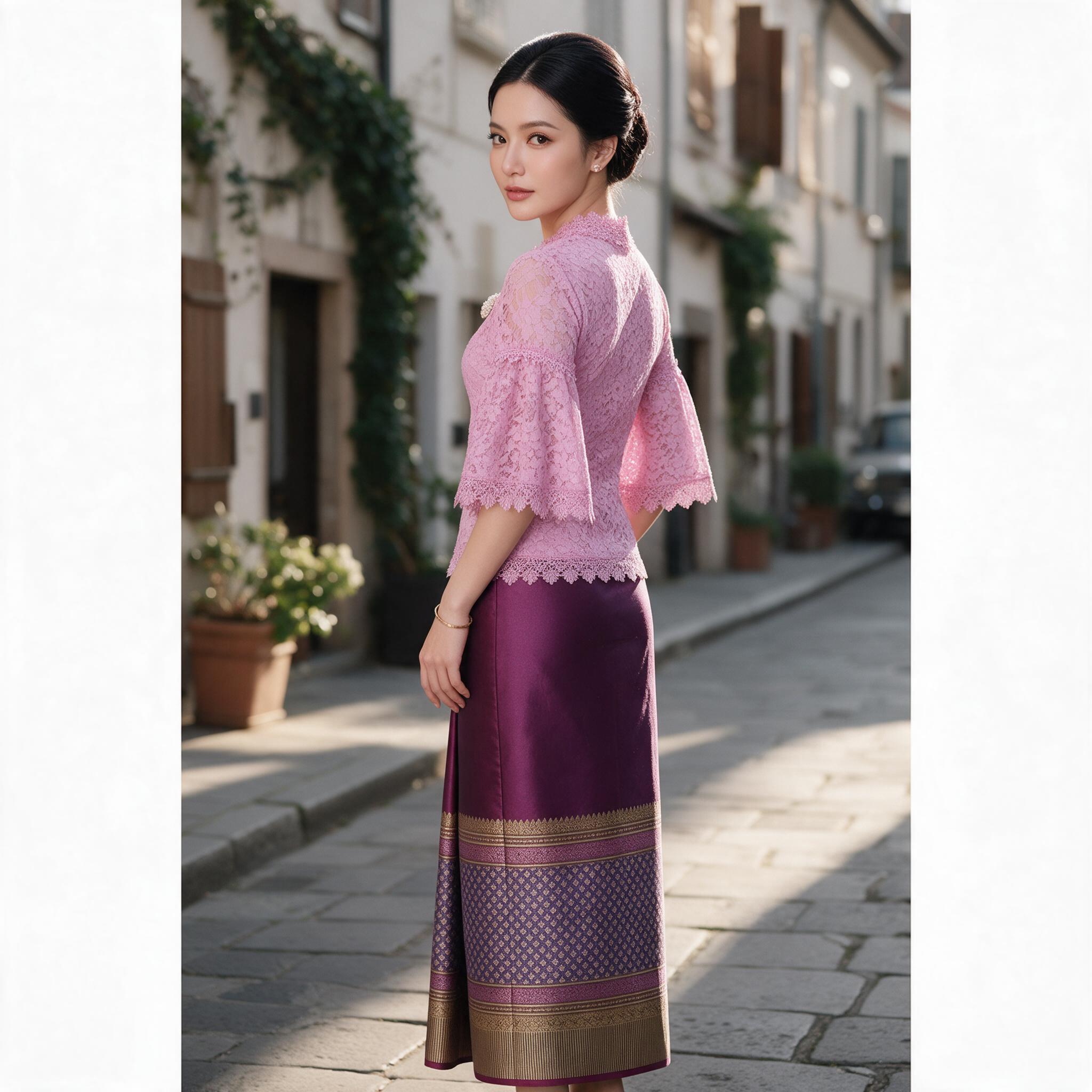 Setเสื้อลูกไม้ออกงานแขนระบายพู่อลังกาลงานซิปหลัง+ผ้าถุงทอเข้