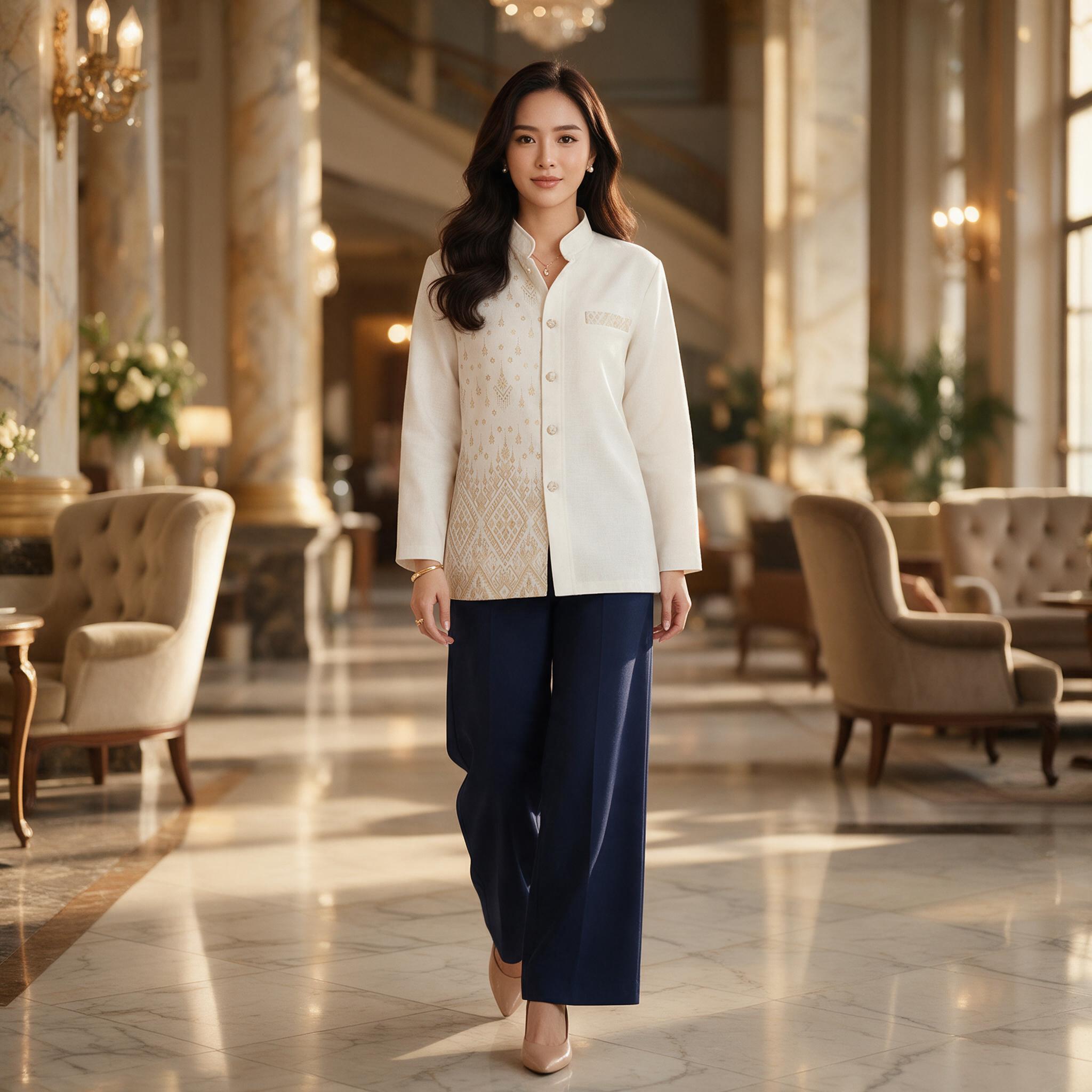เสื้อเชิ้ตผ้าไทยผู้ชาย (สีขาวครึ่วตัว) : ทรงพระราชทาน