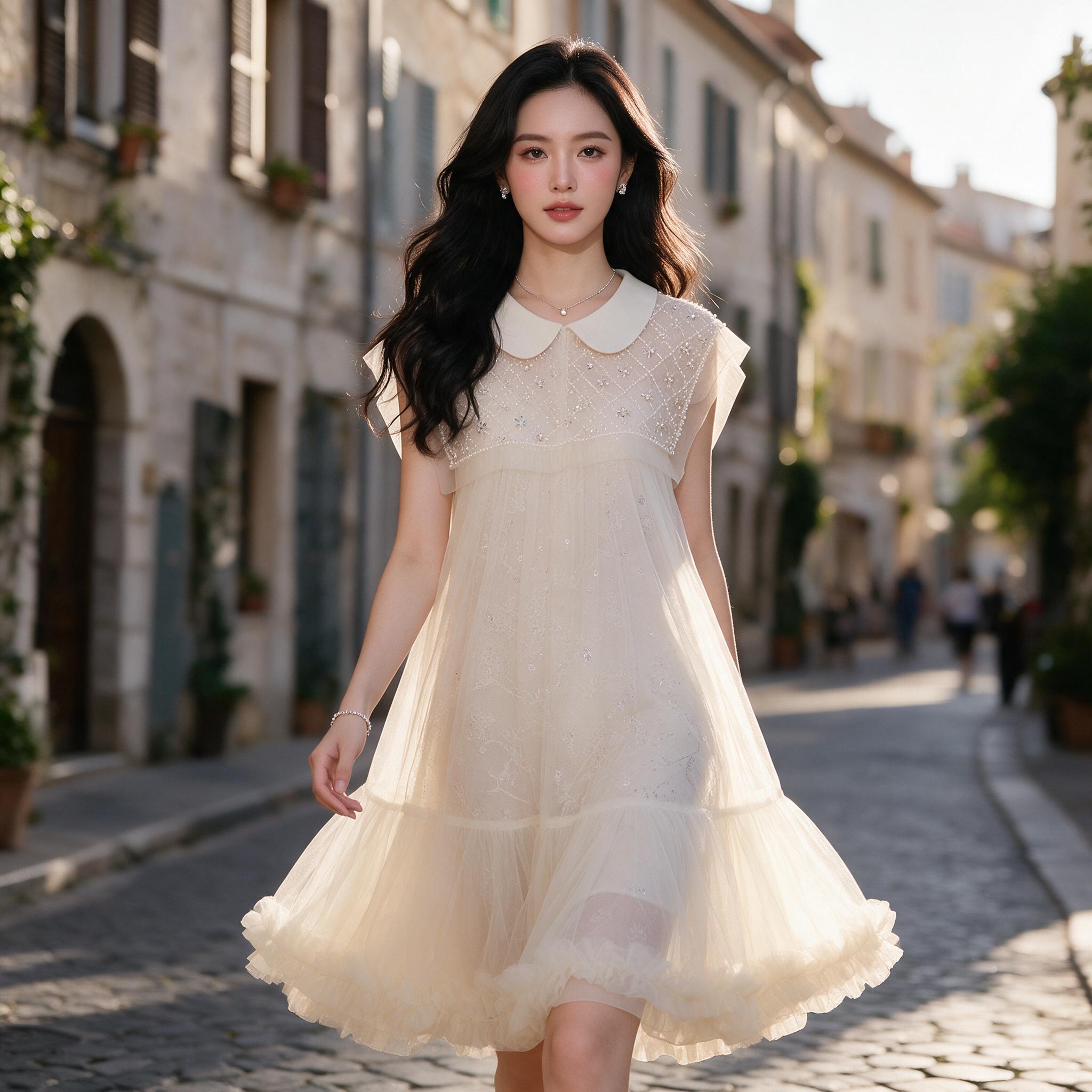 ชุดเจ้าหญิงเด็กผู้หญิง สีครีม กระโปรงตาข่ายฟูฟ่องประกายแสง
