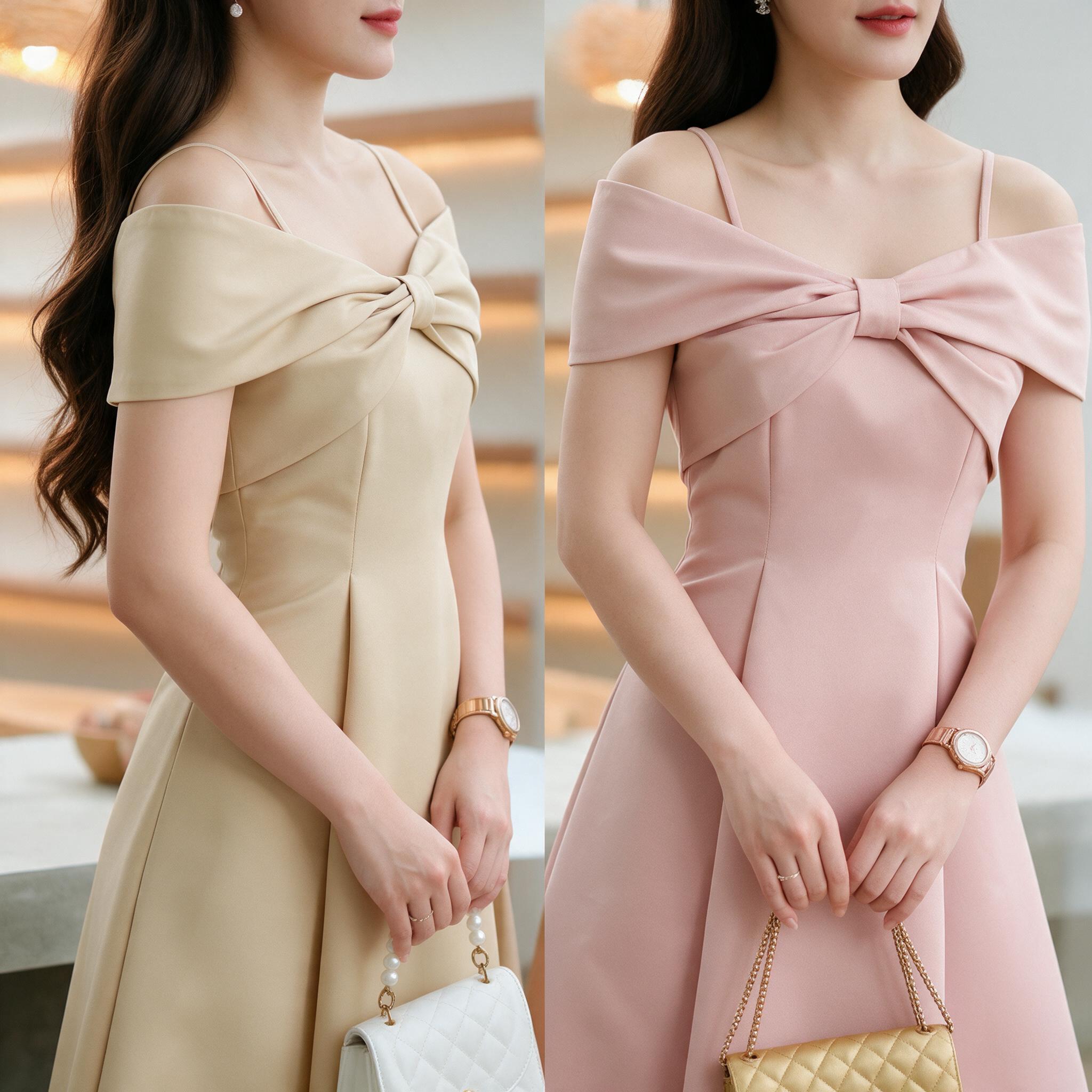 Dress เปิดบ่า โบว์อก กระโปรงบาน เรียบหรู ชุดไปงานแต่ง - รายละเอียดผ้าและงานตัดเย็บ