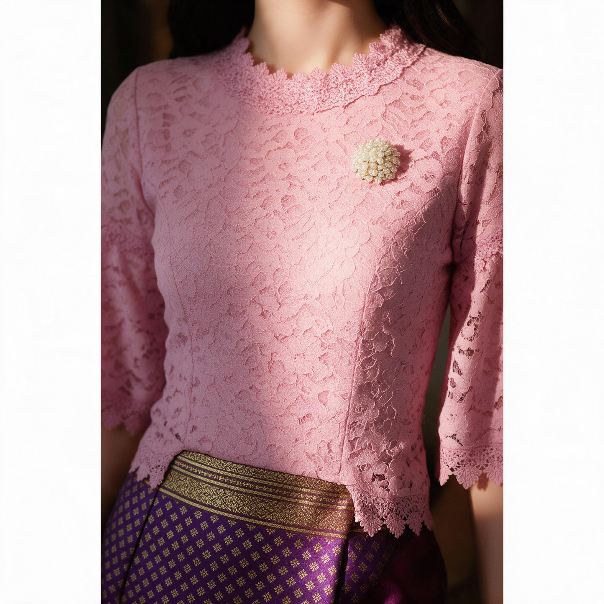 Setเสื้อลูกไม้ออกงานแขนระบายพู่อลังกาลงานซิปหลัง+ผ้าถุงทอเข้ - รายละเอียดผ้าและงานตัดเย็บ