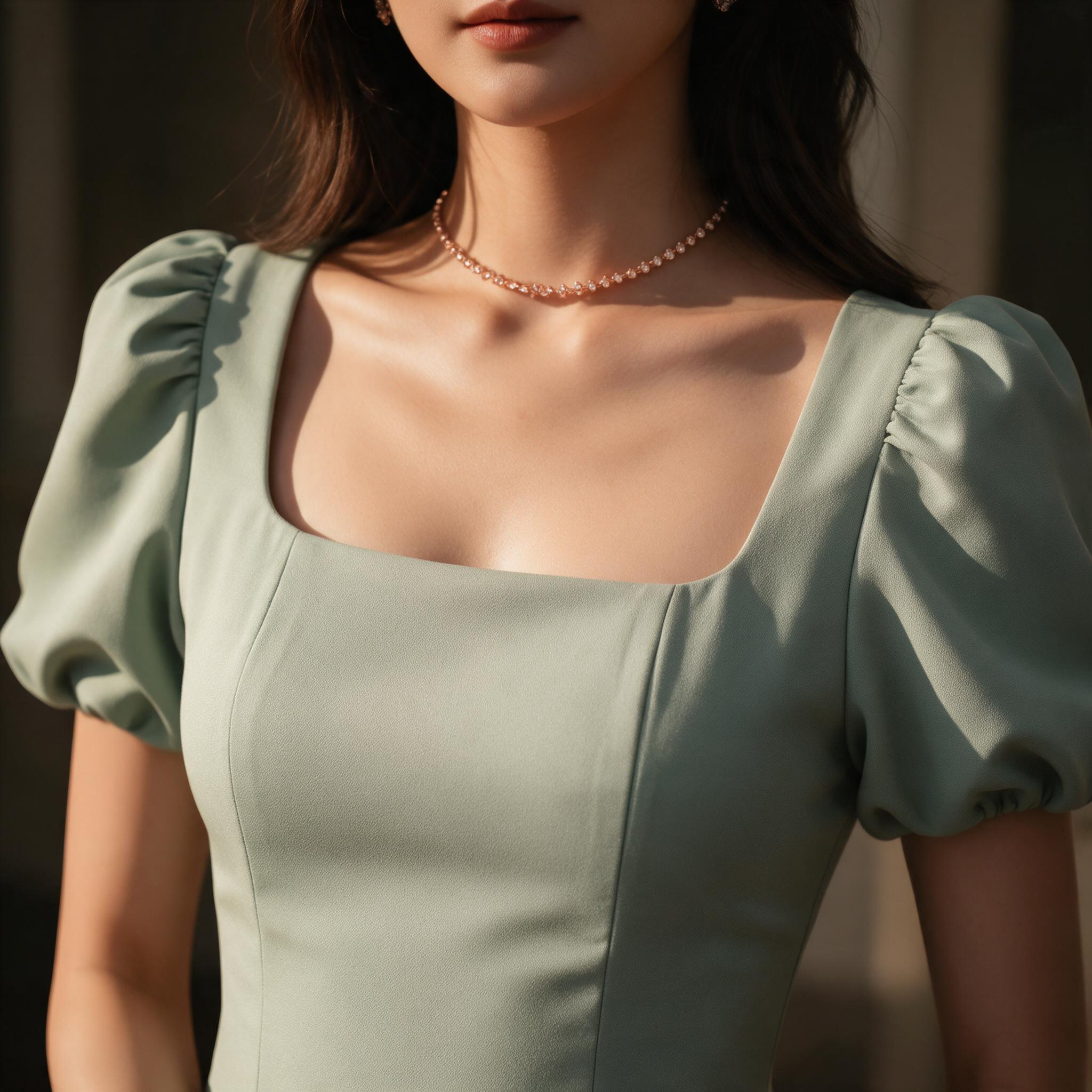 � 'Rivalry Dress ' -  เดรสผ่าหน้าแขนบอลลูน เดรสคอเหลี่ยม - รายละเอียดผ้าและงานตัดเย็บ