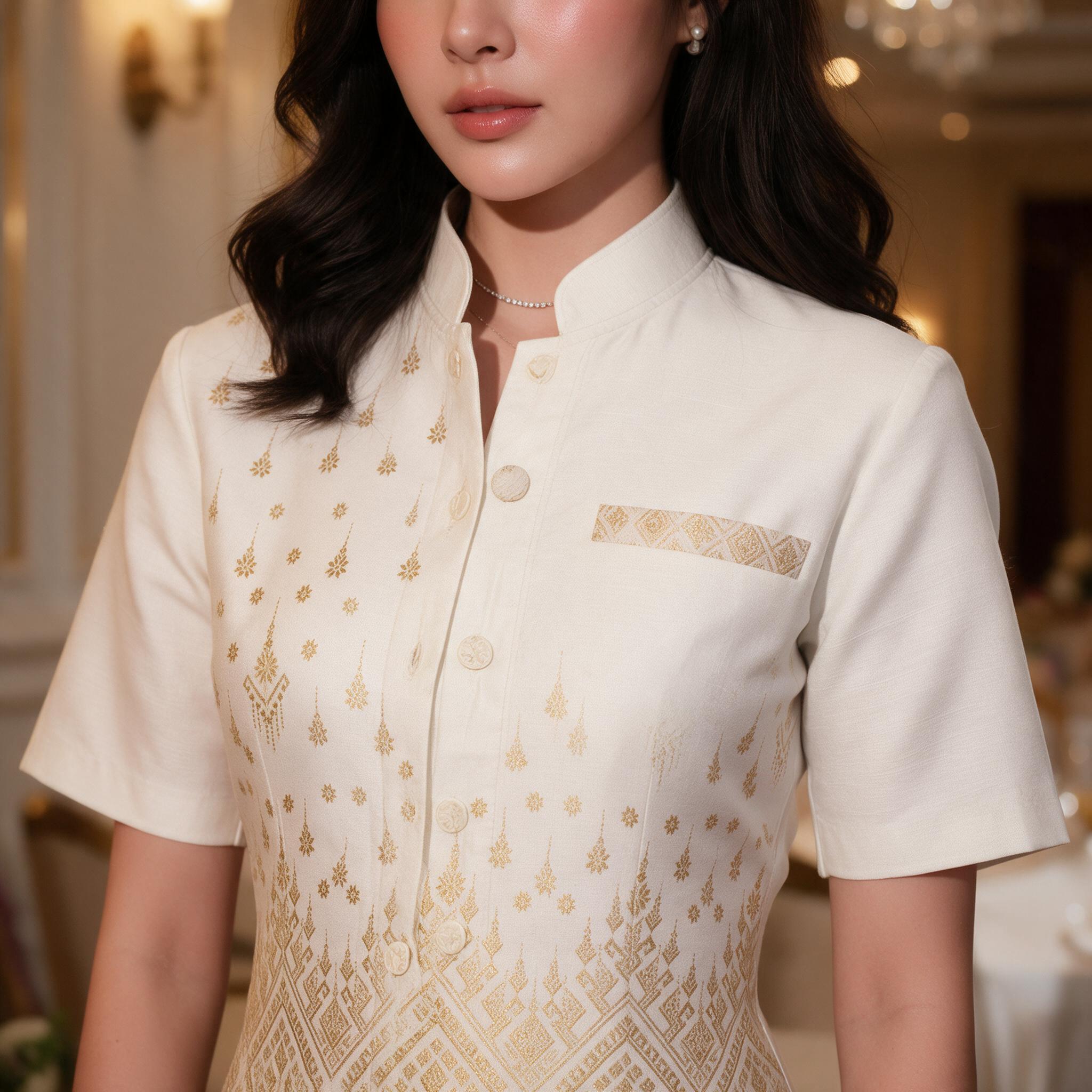 เสื้อเชิ้ตผ้าไทยผู้ชาย (สีขาวครึ่วตัว) : ทรงพระราชทาน - รายละเอียดผ้าและงานตัดเย็บ