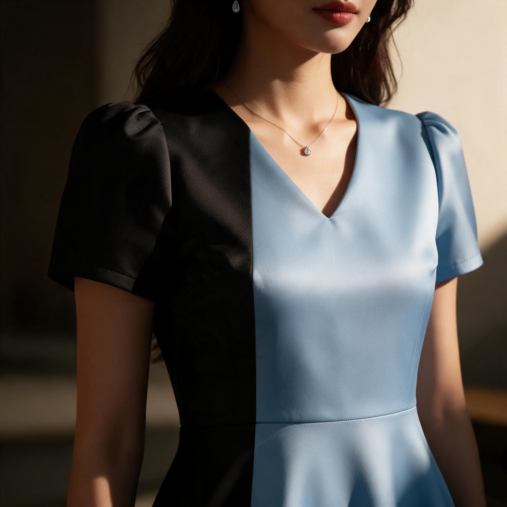 Dressคอวี แขนสั้น กระโปรงบาน Midi dress เรียบหรู - รายละเอียดผ้าและงานตัดเย็บ