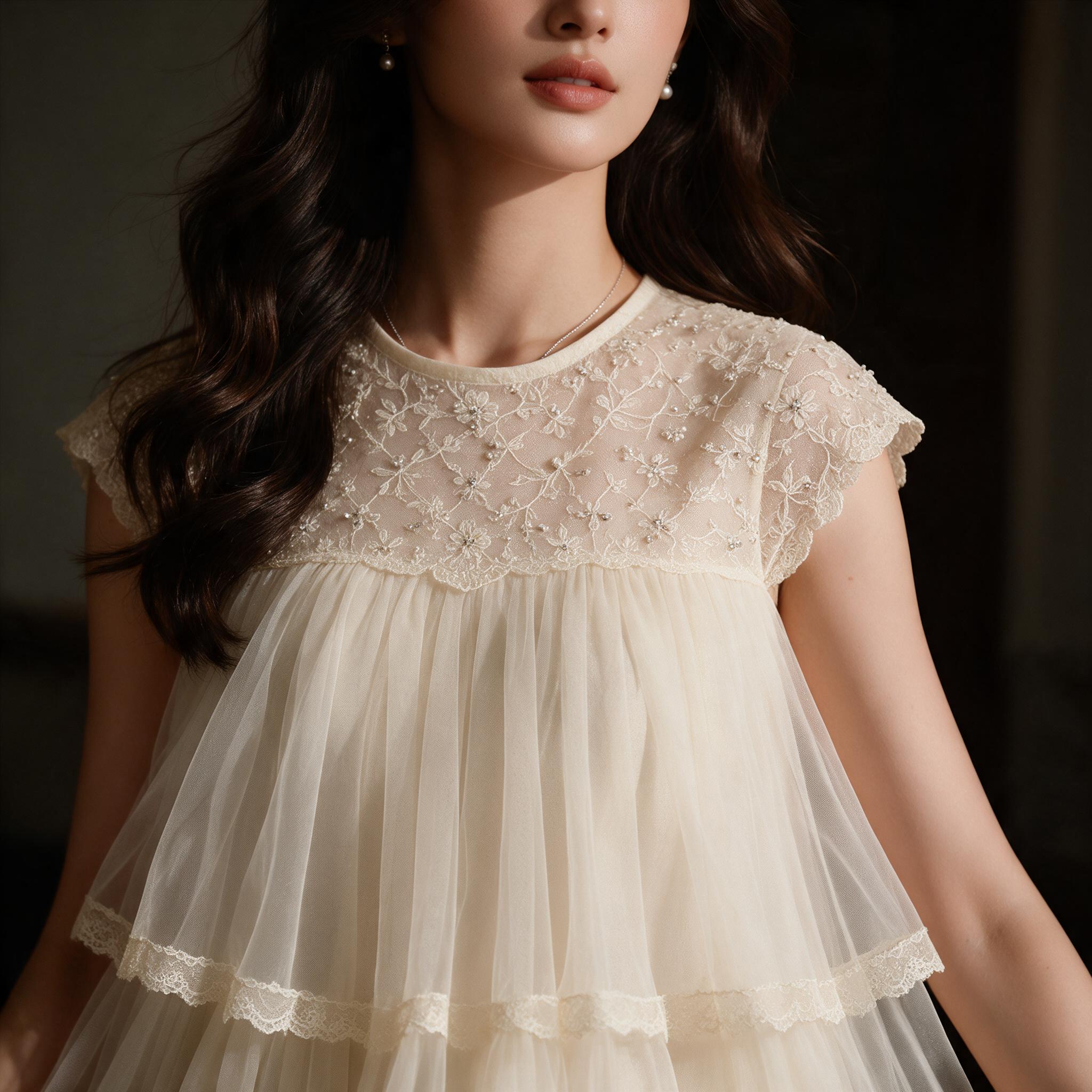 ชุดเจ้าหญิงเด็กผู้หญิง สีครีม กระโปรงตาข่ายฟูฟ่องประกายแสง - รายละเอียดผ้าและงานตัดเย็บ