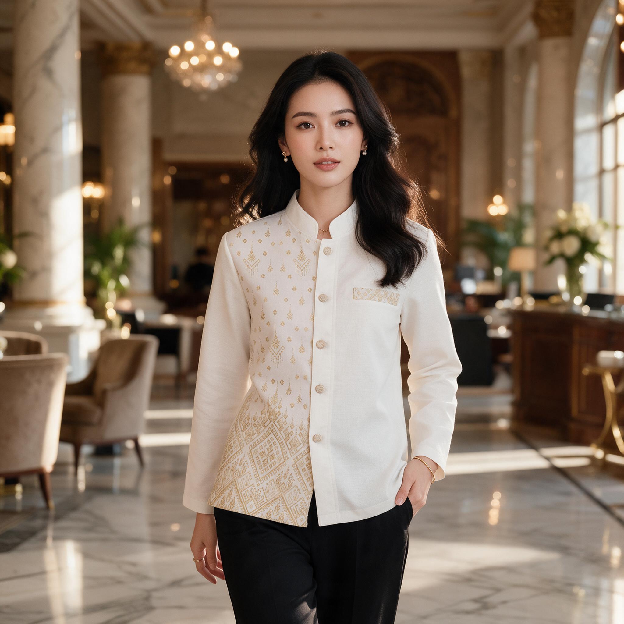 เสื้อเชิ้ตผ้าไทยผู้ชาย (สีขาวครึ่วตัว) : ทรงพระราชทาน - ลุคใส่จริง
