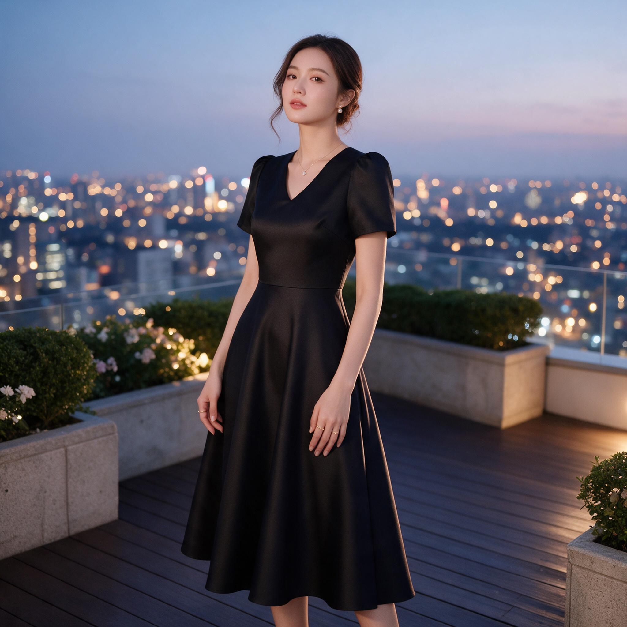Dressคอวี แขนสั้น กระโปรงบาน Midi dress เรียบหรู - ลุคใส่จริง