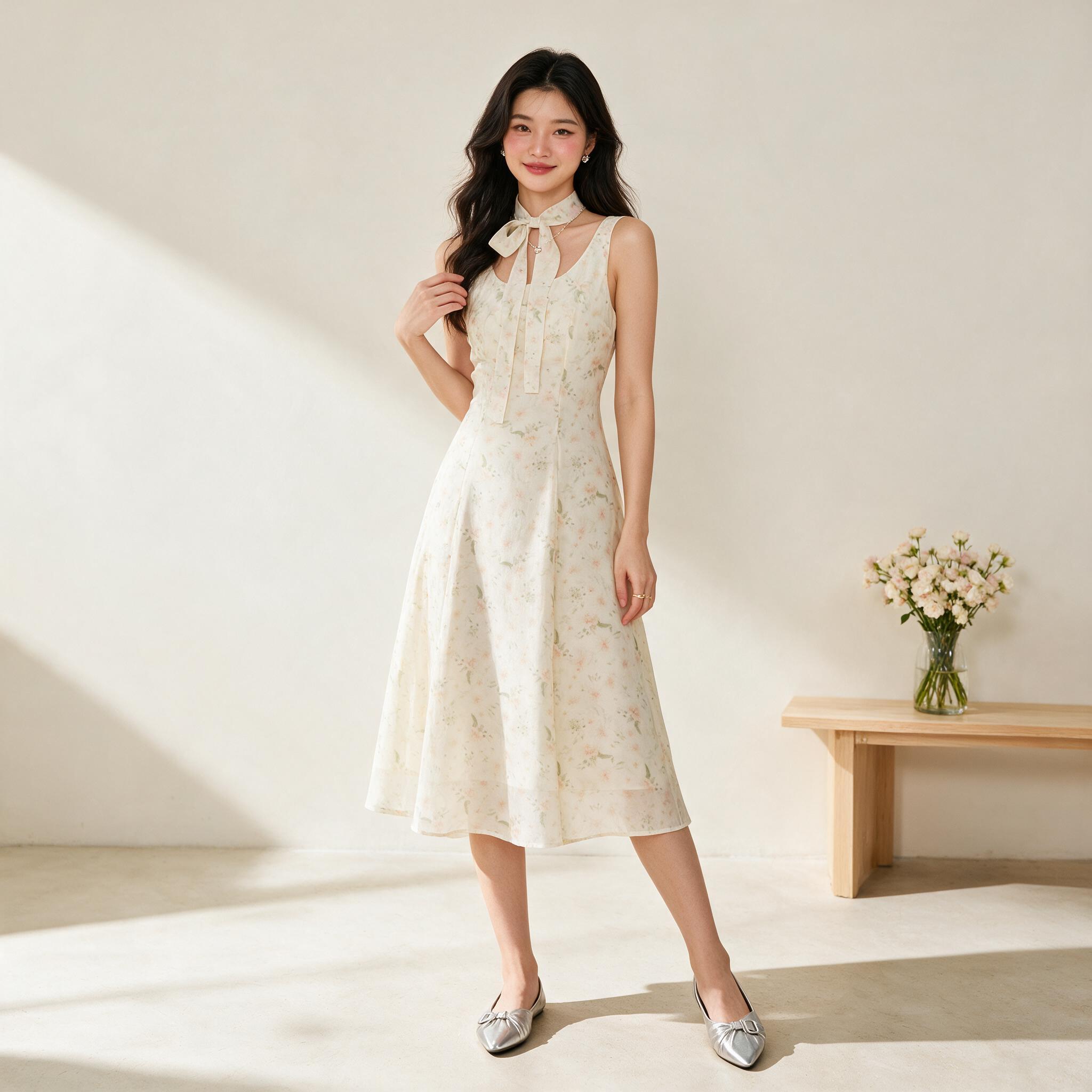 Kokiji - Camellia Dress (ชุดเดรสยาวสีครีมลายดอกไม้ - ลุคใส่จริง