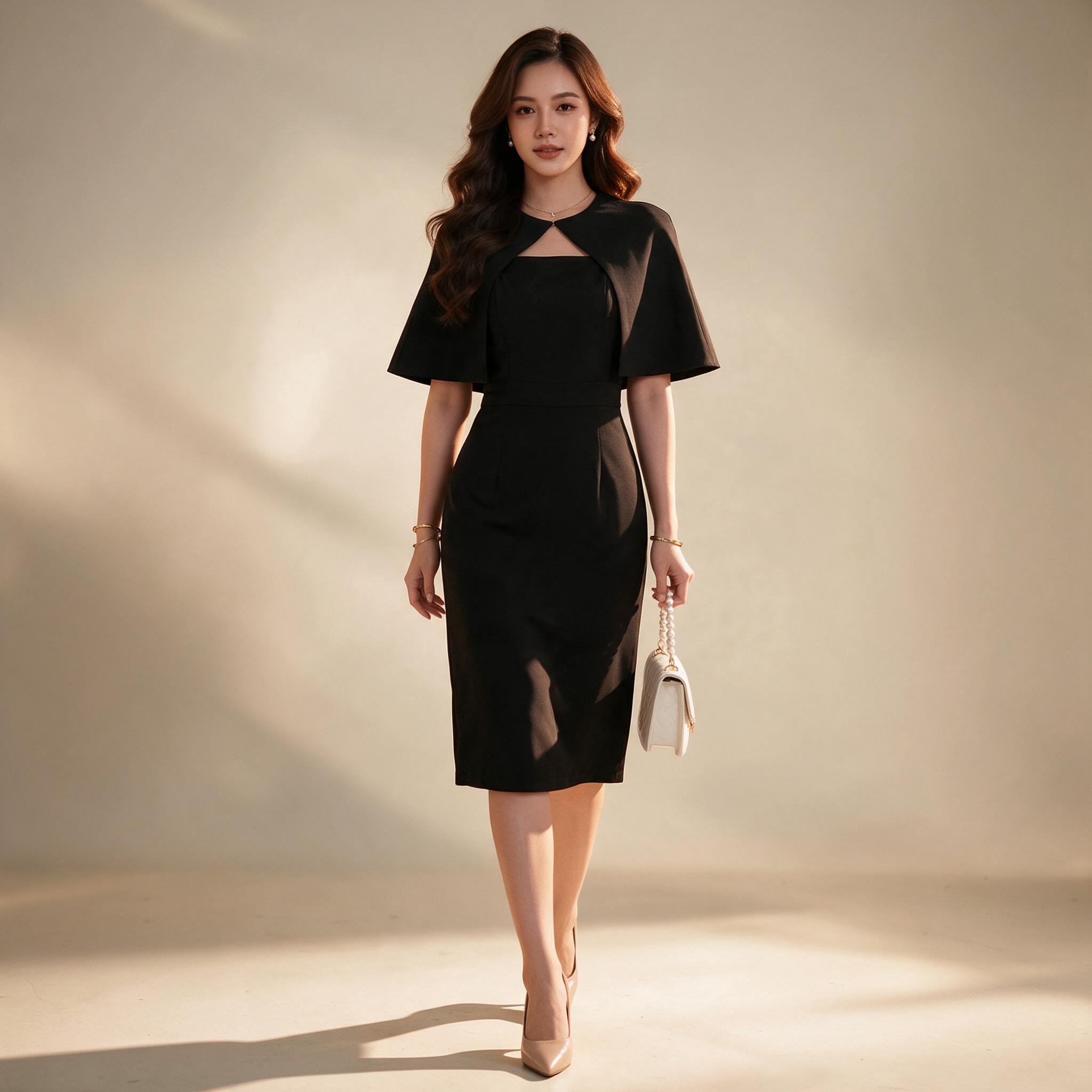 Set 2 ชิ้น เดรสและผ้าคลุมบ่าถอดได้ ชุดออกงานทางการ ทรงสุภาพ - ลุคใส่จริง