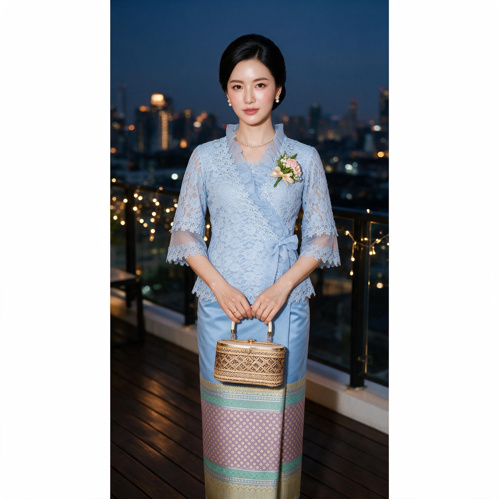 ชุดลูกไม้ออกงานเสื้อคอตั้งระบายโบว์#1+ผ้าถุง - ลุคพอร์ตเทรต