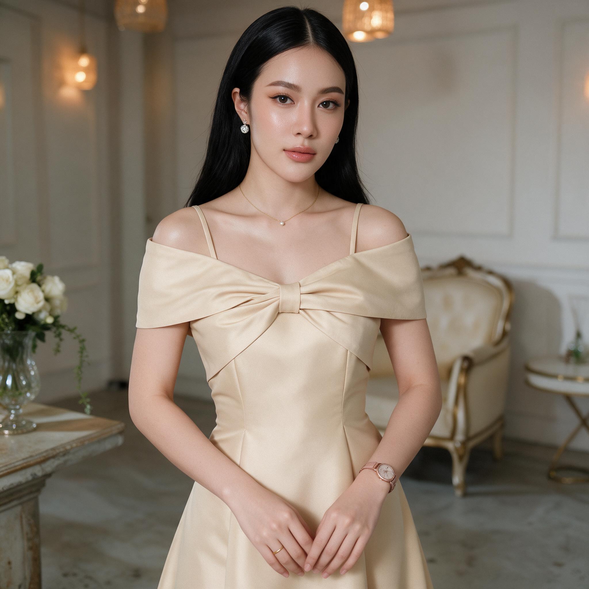 Dress เปิดบ่า โบว์อก กระโปรงบาน เรียบหรู ชุดไปงานแต่ง - ลุคพอร์ตเทรต