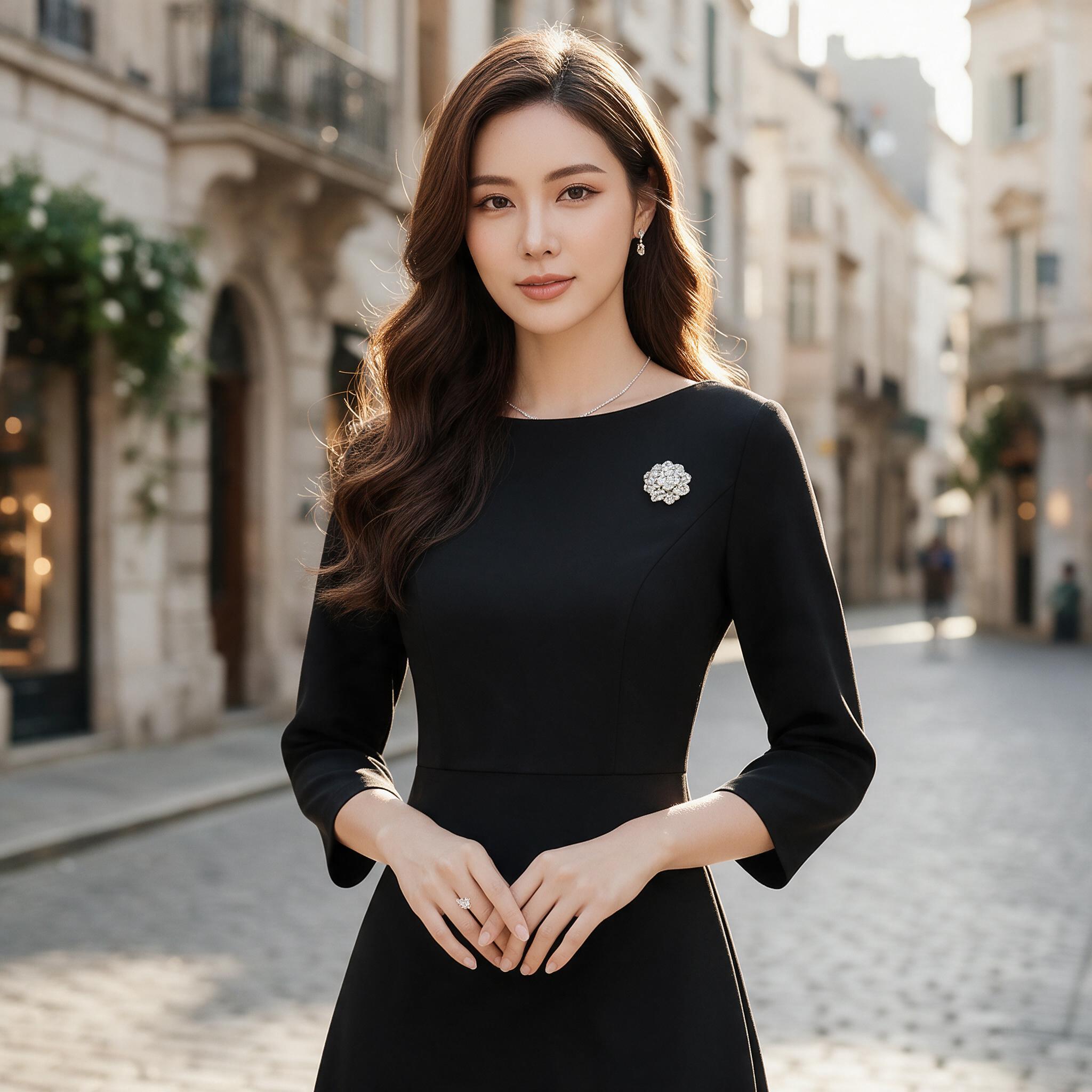 MOCCA ชุดเดรสผ้าสูทสีดำพื้น แขนคลุมศอก ซิปหลัง - ลุคพอร์ตเทรต