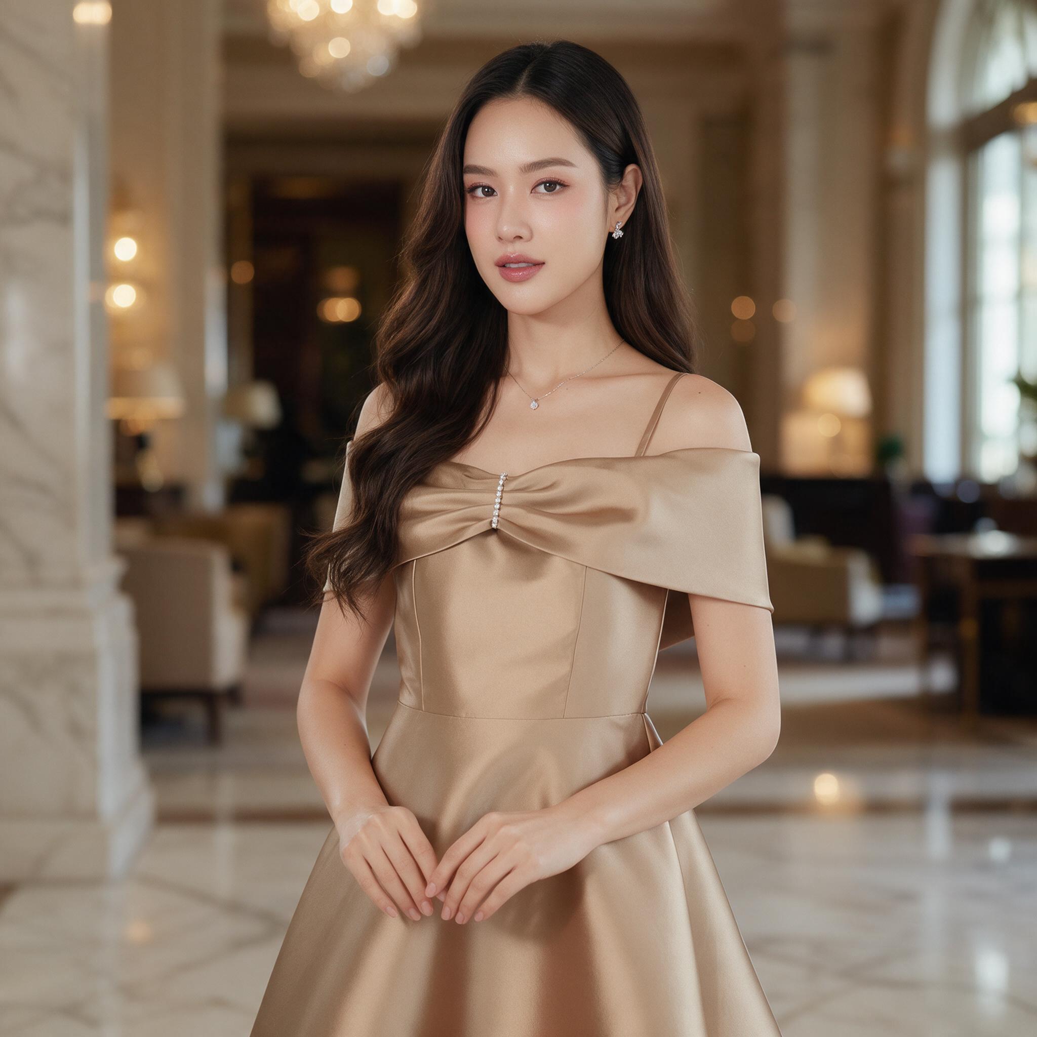สายสปาเกตตี้ แต่งจีบโบว์ ชุดไปงานแต่ง ชุดออกงาน - ลุคพอร์ตเทรต