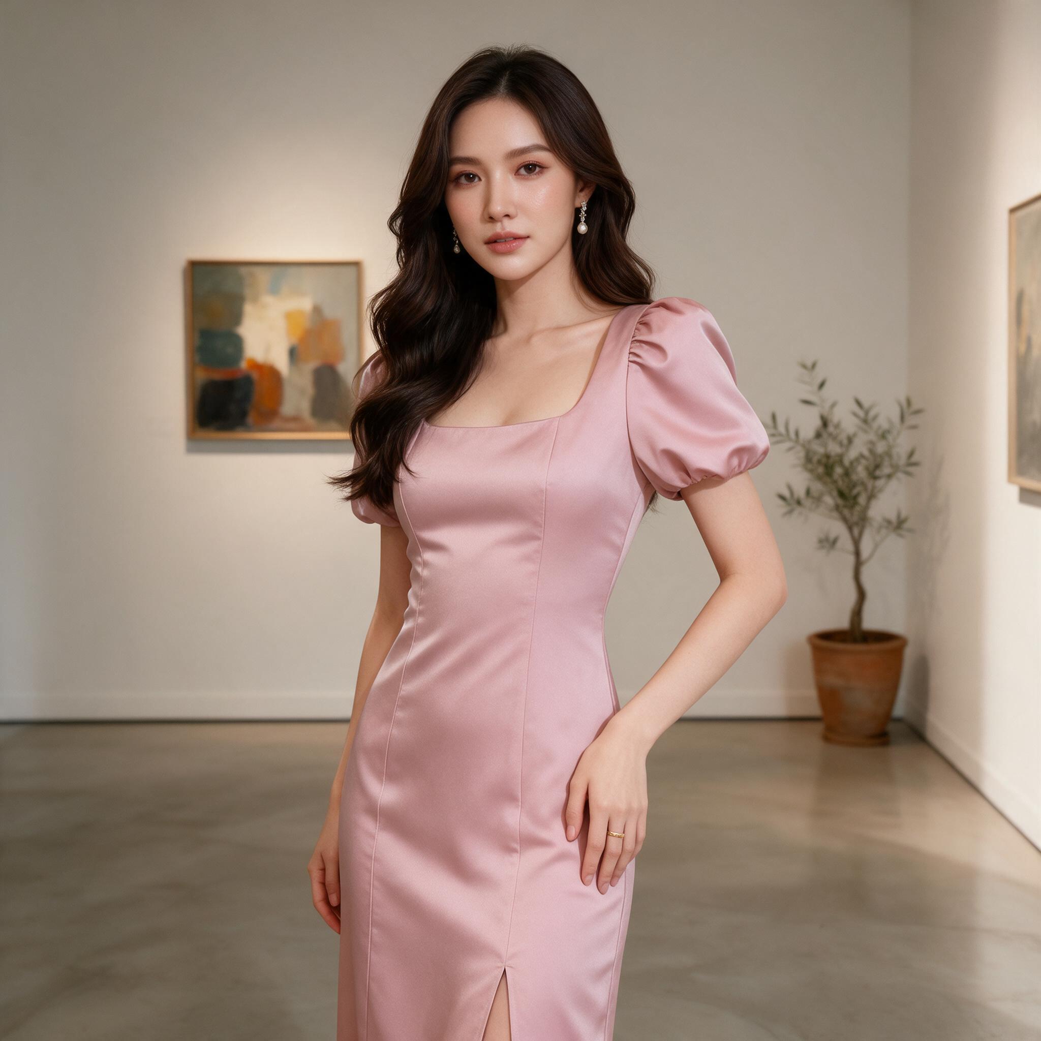 � 'Rivalry Dress ' -  เดรสผ่าหน้าแขนบอลลูน เดรสคอเหลี่ยม - ลุคพอร์ตเทรต
