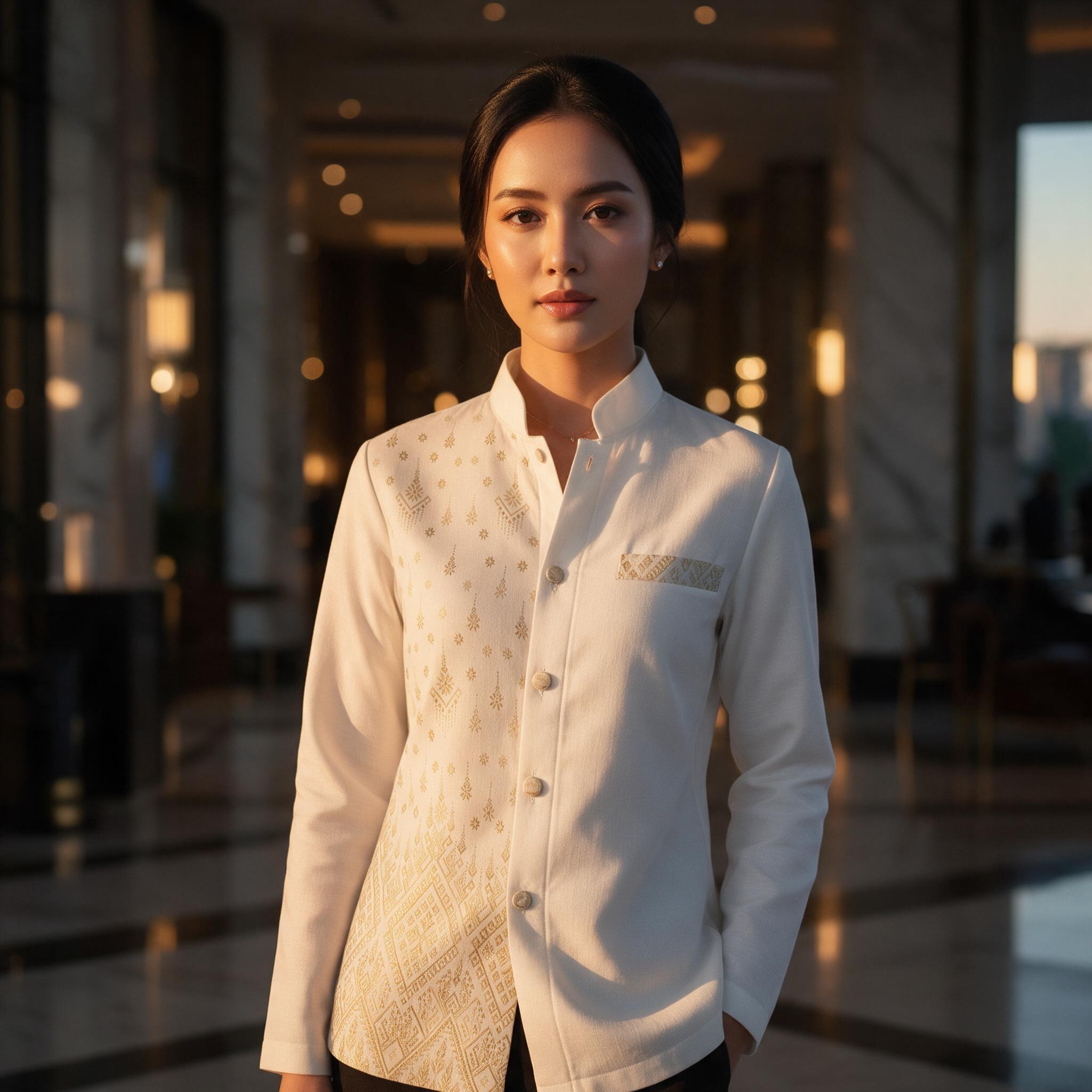 เสื้อเชิ้ตผ้าไทยผู้ชาย (สีขาวครึ่วตัว) : ทรงพระราชทาน - ลุคพอร์ตเทรต