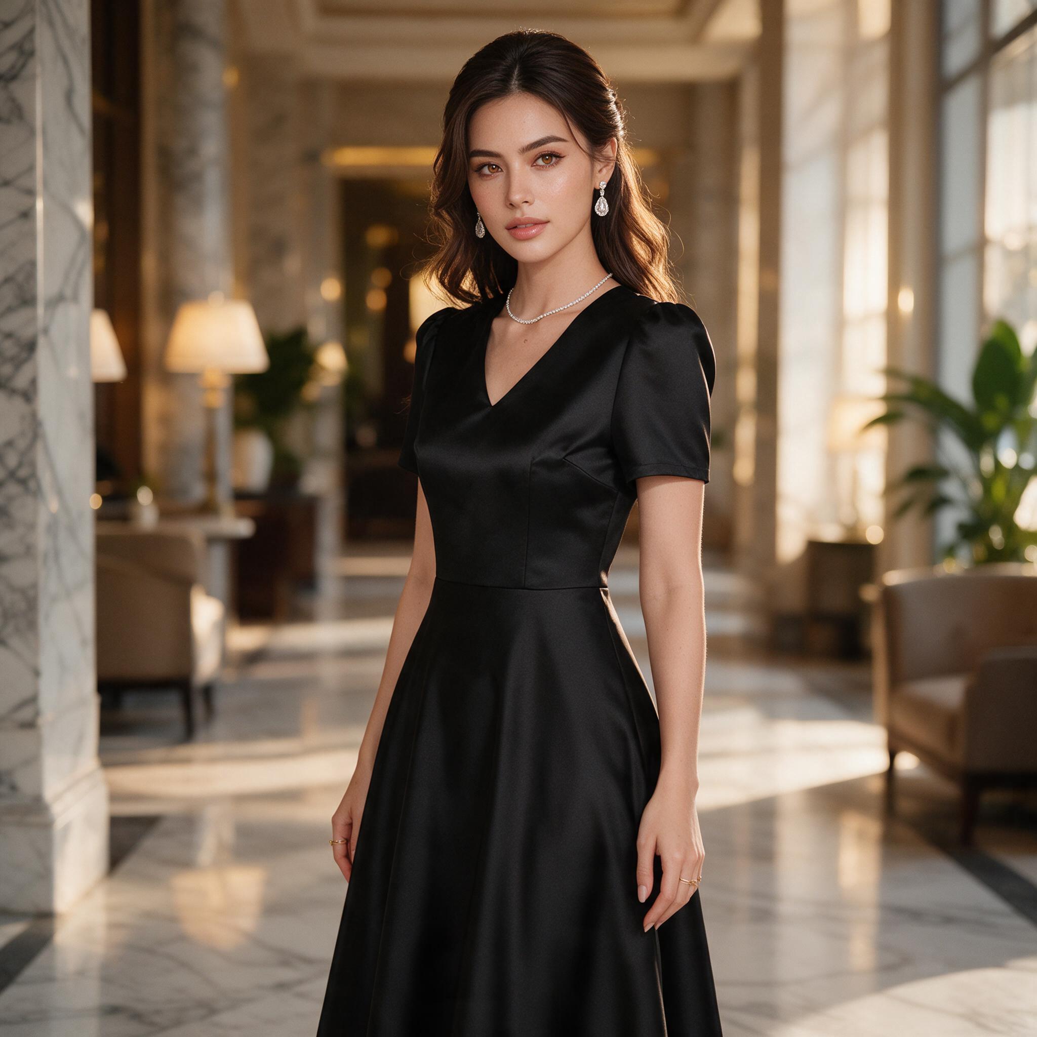 Dressคอวี แขนสั้น กระโปรงบาน Midi dress เรียบหรู - ลุคพอร์ตเทรต