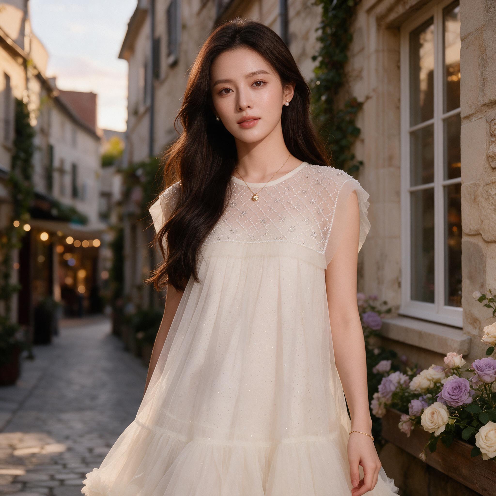 ชุดเจ้าหญิงเด็กผู้หญิง สีครีม กระโปรงตาข่ายฟูฟ่องประกายแสง - ลุคพอร์ตเทรต