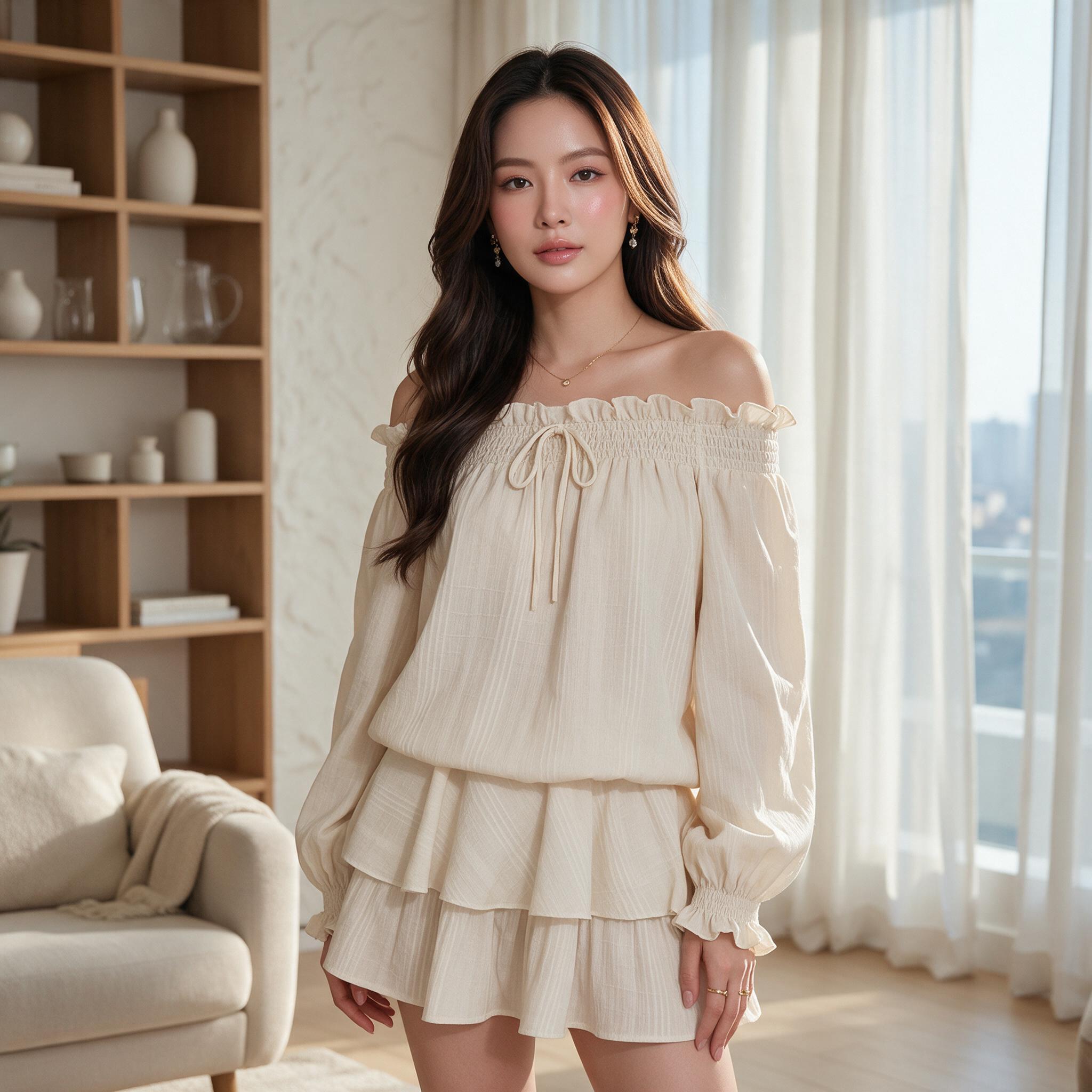 𝐂𝐇𝐀𝐑𝐌𝐈𝐍𝐆 𝐃𝐑𝐄𝐒𝐒 🫧🥨ชุดเดรสเสื้อปาดไหล่งานกระโปร - ลุคพอร์ตเทรต