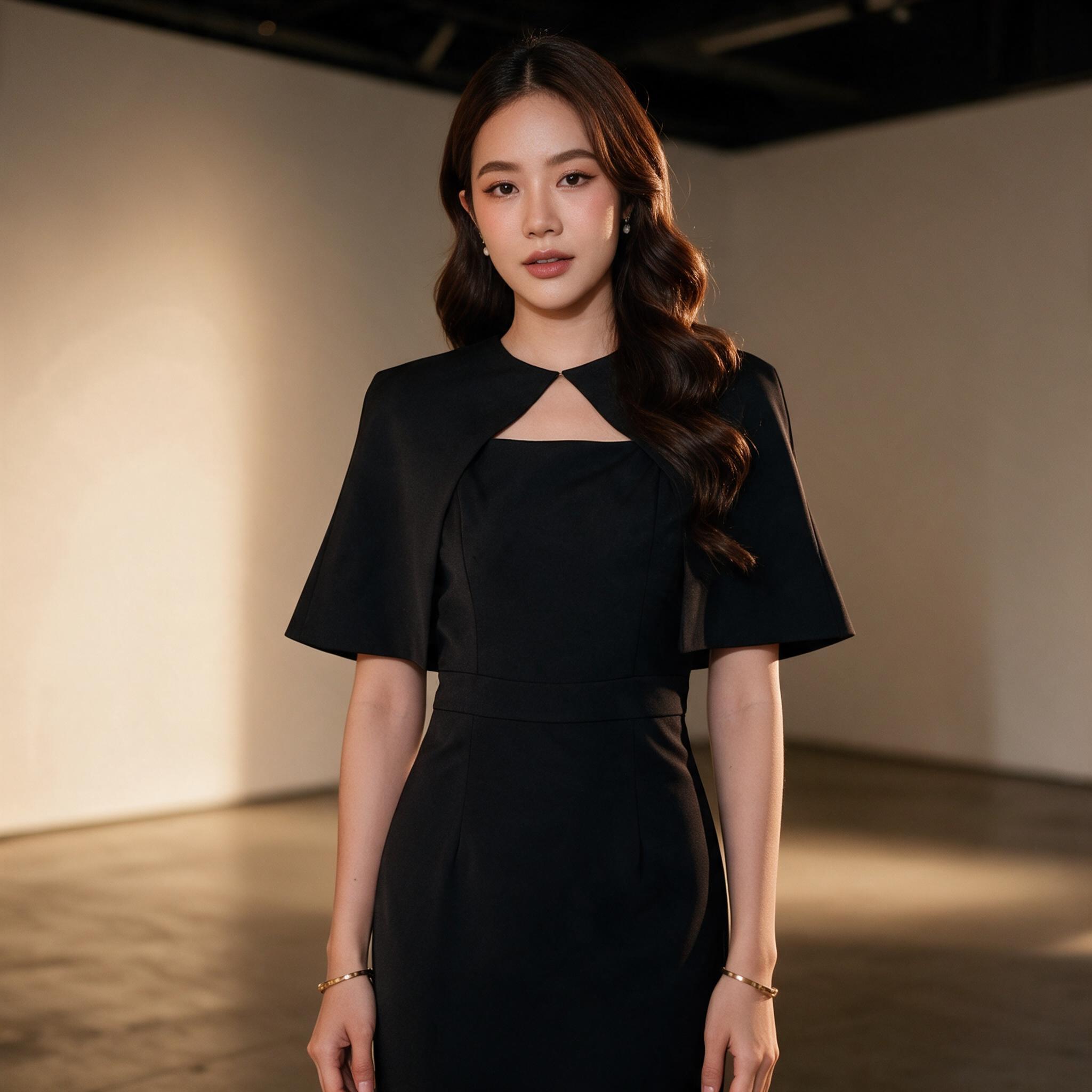 Set 2 ชิ้น เดรสและผ้าคลุมบ่าถอดได้ ชุดออกงานทางการ ทรงสุภาพ - ลุคพอร์ตเทรต