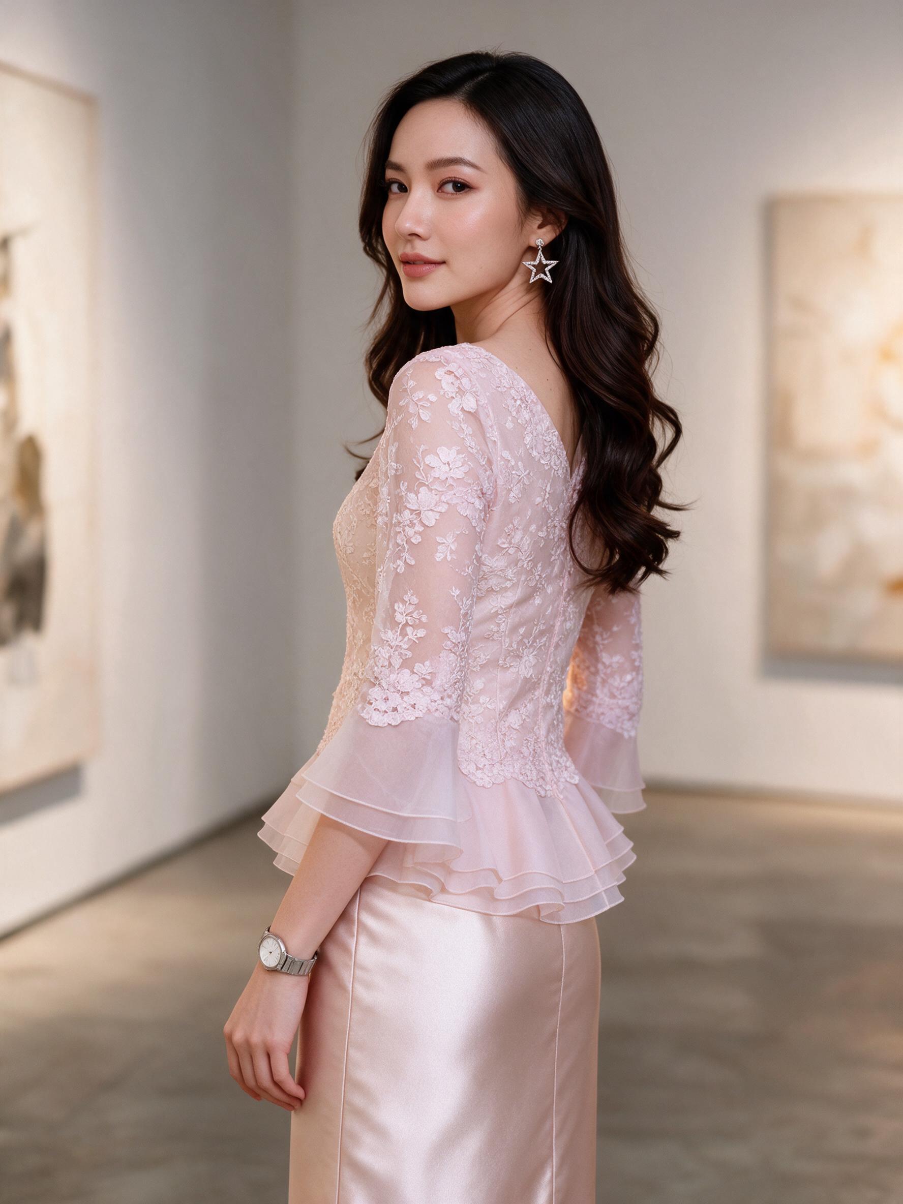 มี5สี M-4XL ชุดไทยประยุกต์ ออกงาน ไปงาน Set เสื้อลูกไม้ +