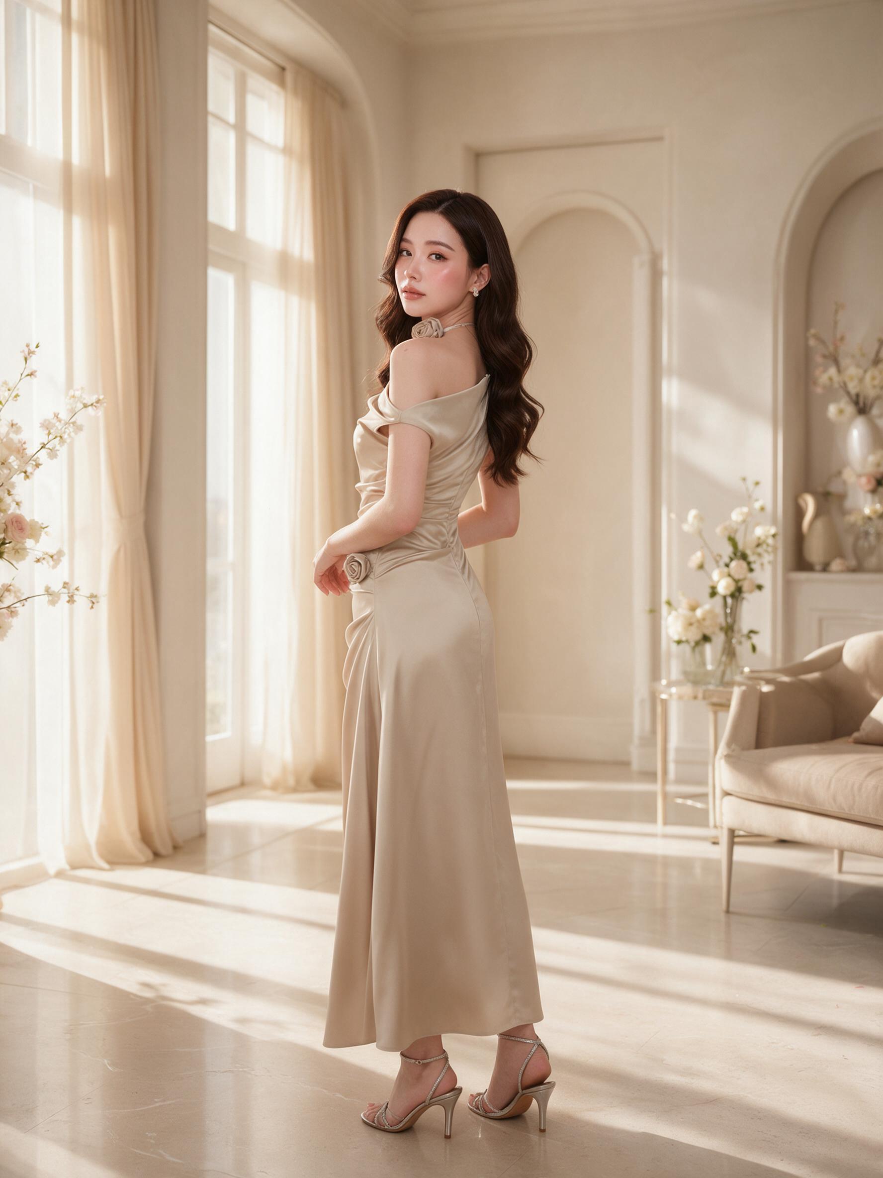 สีน้ำตาลไหม้ มาใหม่ ชุดเดรสปาดไหล่ออกงาน ชุดเพื่อนเจ้าสาว