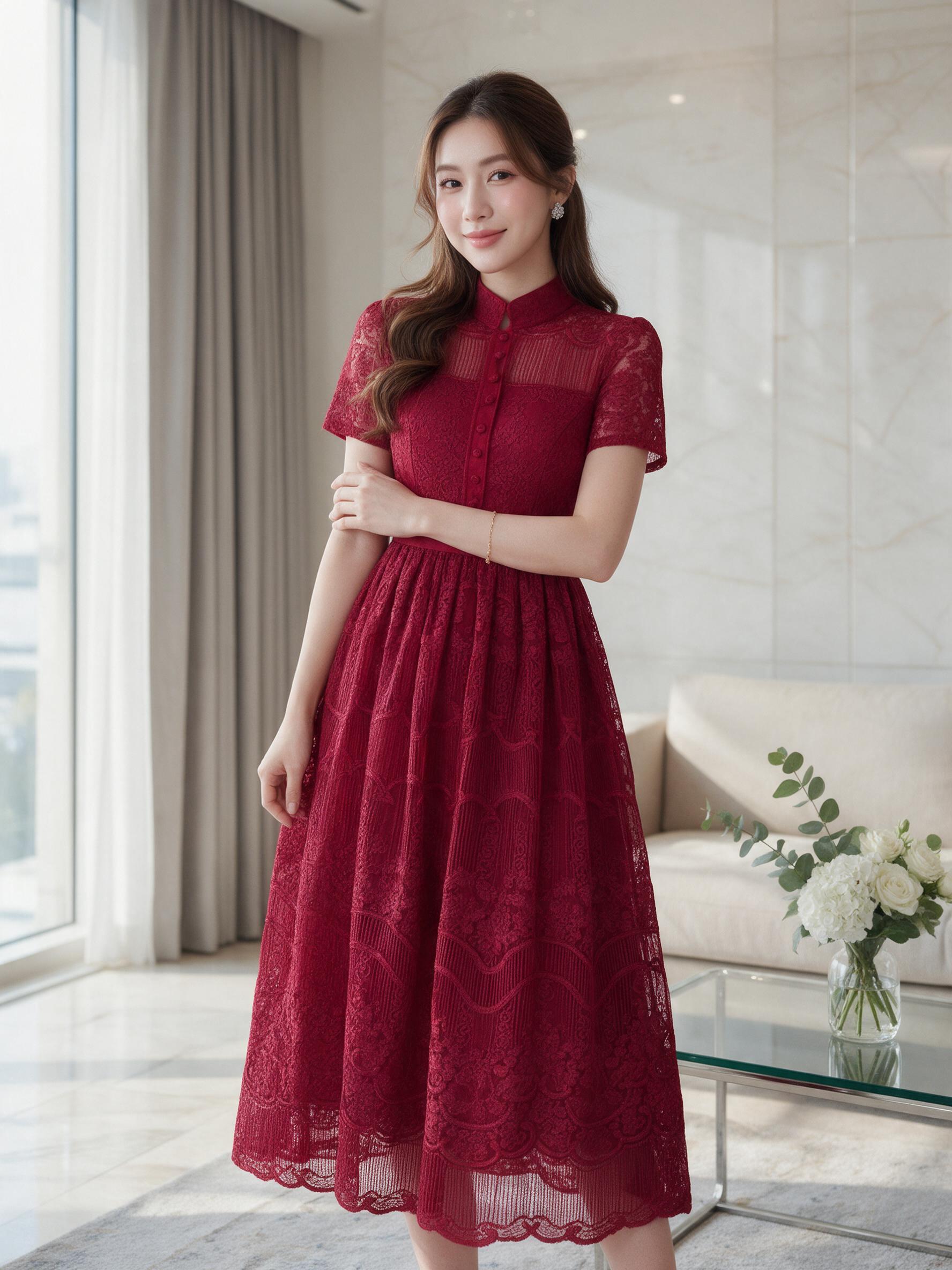 Si-am ชุดเดรสกระโปรงยาว ผ้าลูกไม้อย่างดี ทรงสวย ใส่สบาย