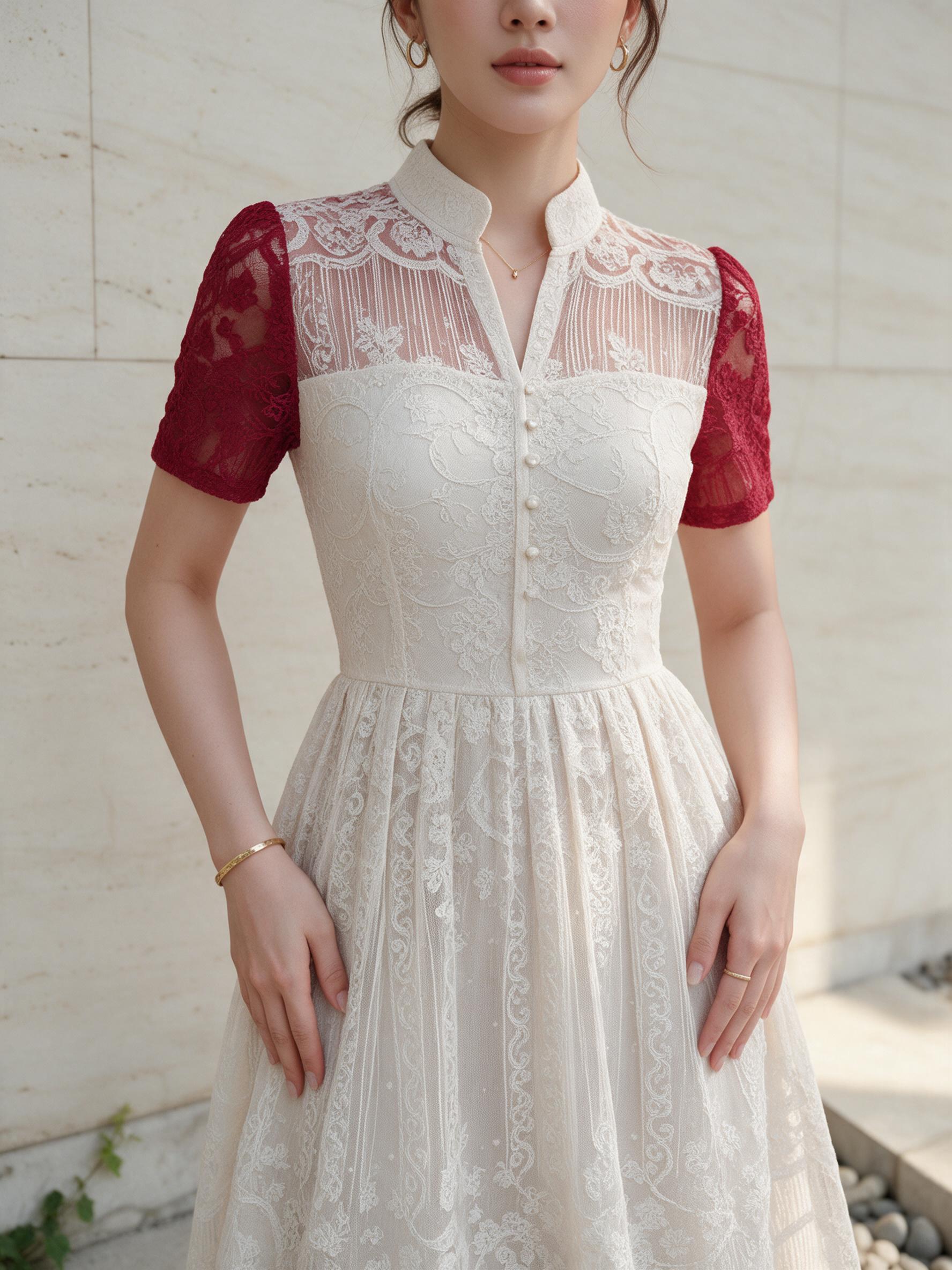 Si-am ชุดเดรสกระโปรงยาว ผ้าลูกไม้อย่างดี ทรงสวย ใส่สบาย - รายละเอียดผ้าและงานตัดเย็บ