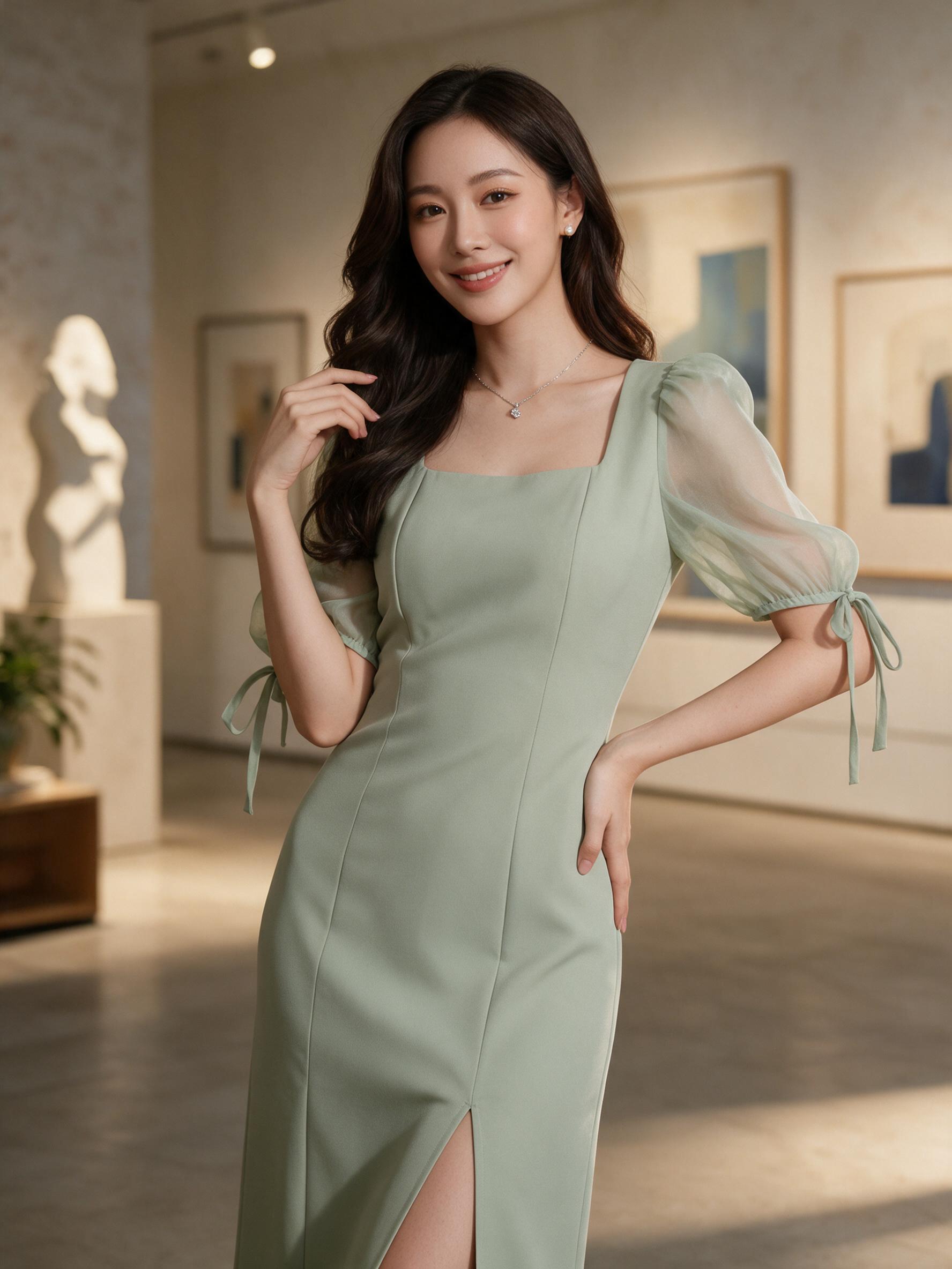 มาเพิ่ม s-2xlชุดเดรสออกงานน่ารัก เดรสแขนพองMAYA G090  s m l - ลุคใส่จริง