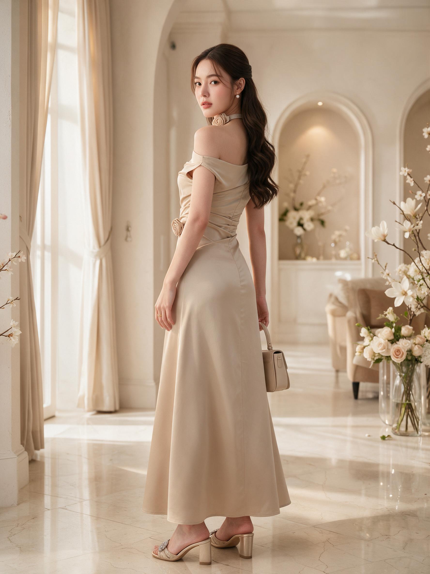 สีน้ำตาลไหม้ มาใหม่ ชุดเดรสปาดไหล่ออกงาน ชุดเพื่อนเจ้าสาว - ลุคใส่จริง