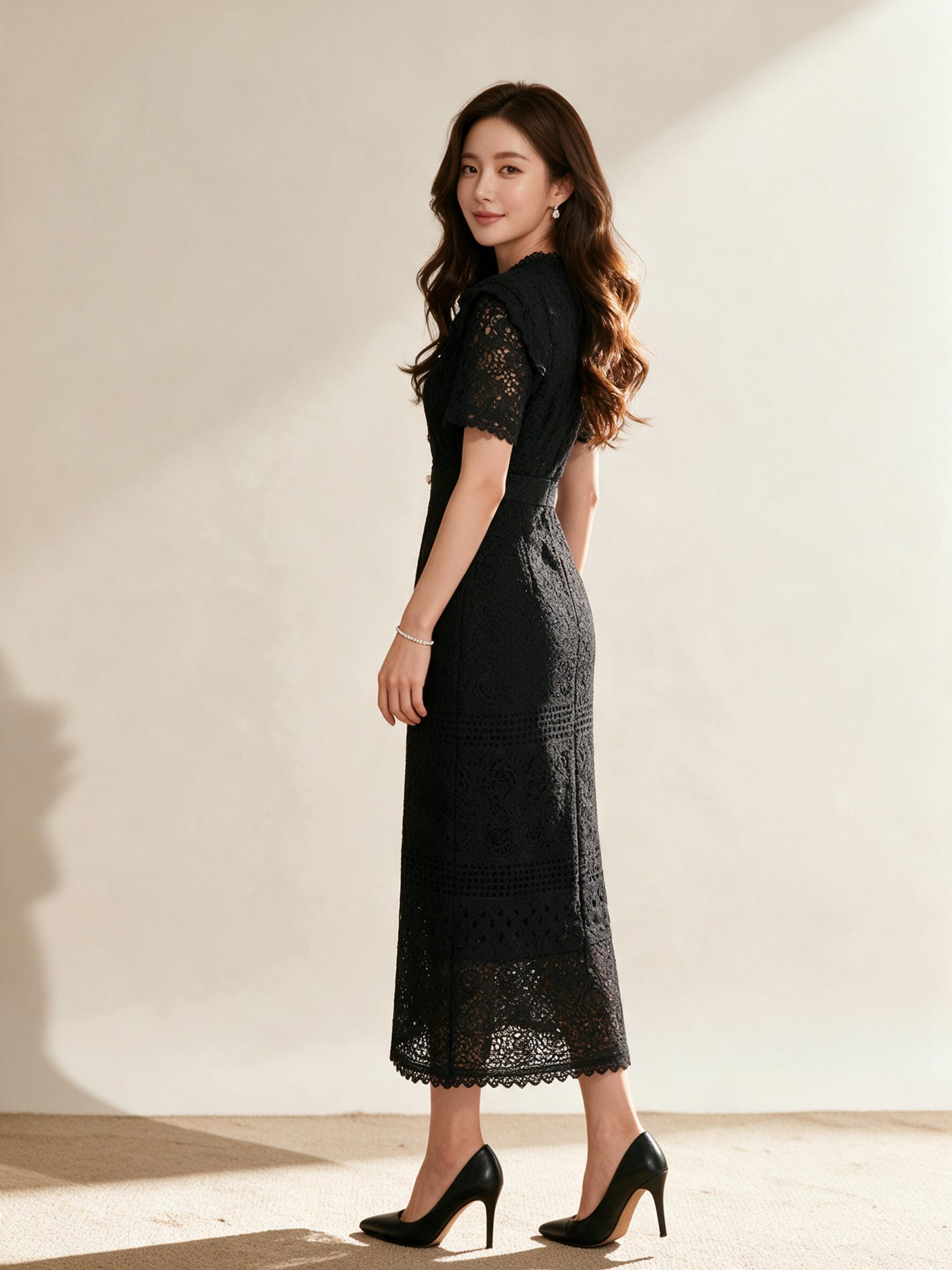เดรสลูกไม้สีขาว/ดำ แขนสั้นระบายไหล่ ชุดออกงาน ชุดไปงานแต่ง - ลุคใส่จริง