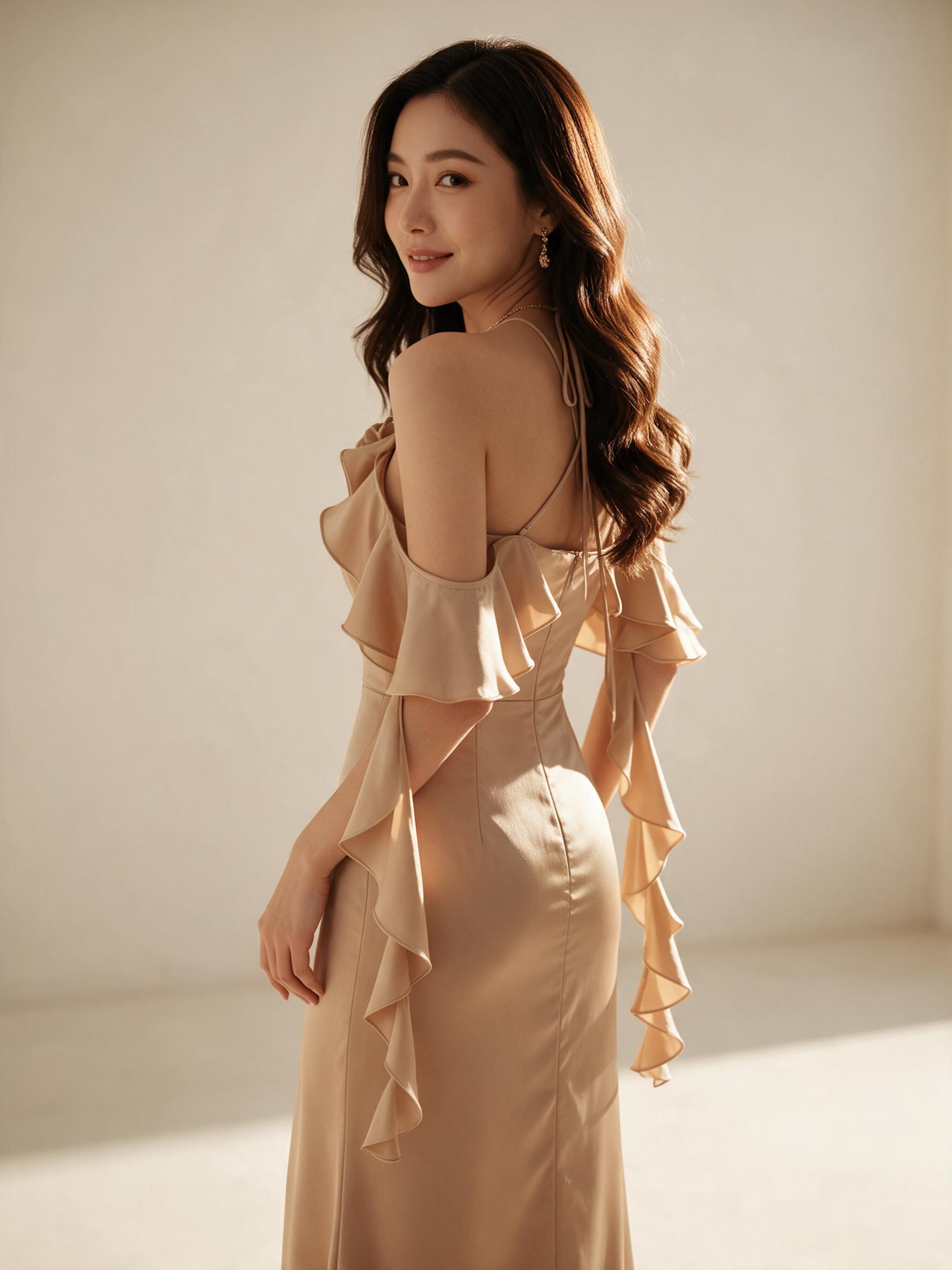 ชุดเดรส ชุดออกงาน ชุดราตรี FP037 เกาะอก ปิดแขน มีฟองน้ำ - ลุคใส่จริง