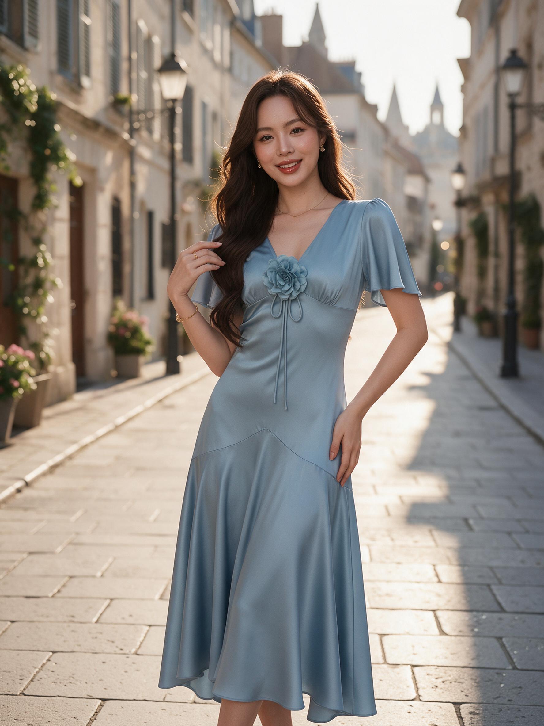 ชุดเดรส ชุดออกงาน ชุดราตรี FP051 เกรดพรีเมี่ยม คอวีแขนสั้น - ลุคใส่จริง