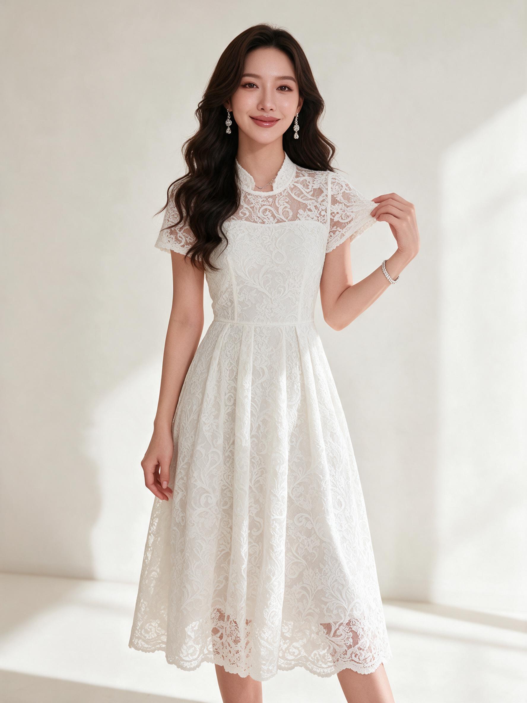 Si-am ชุดเดรสกระโปรงยาว ผ้าลูกไม้อย่างดี ทรงสวย ใส่สบาย - ลุคใส่จริง