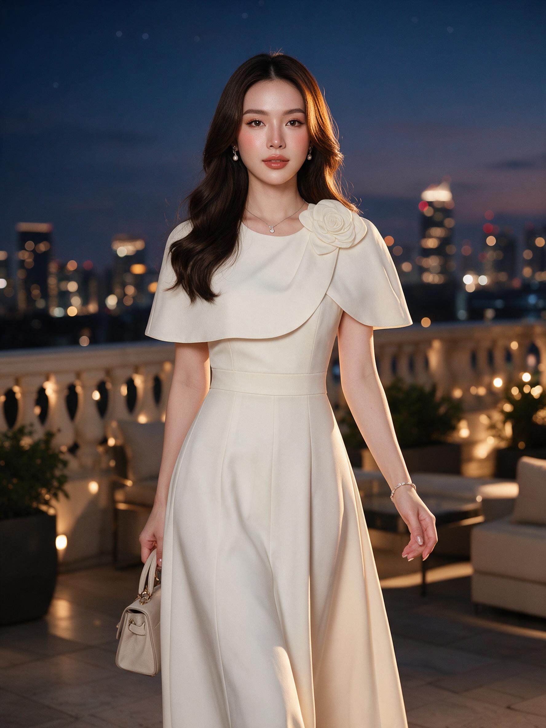 THE CLOSETA : LB560 ชุดเดรสคลุมไหล่แต่งดอกไม้บ่า - ลุคใส่จริง