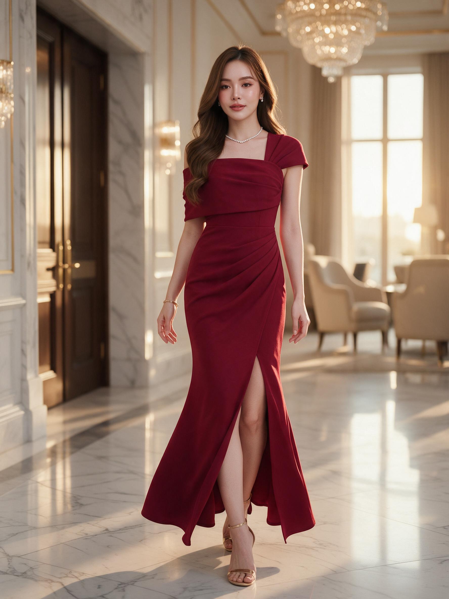 ชุดเดรส ชุดออกงาน ชุดราตรี F273 เกาะอกระบาย ปาดไหล่2ข้าง - ลุคใส่จริง