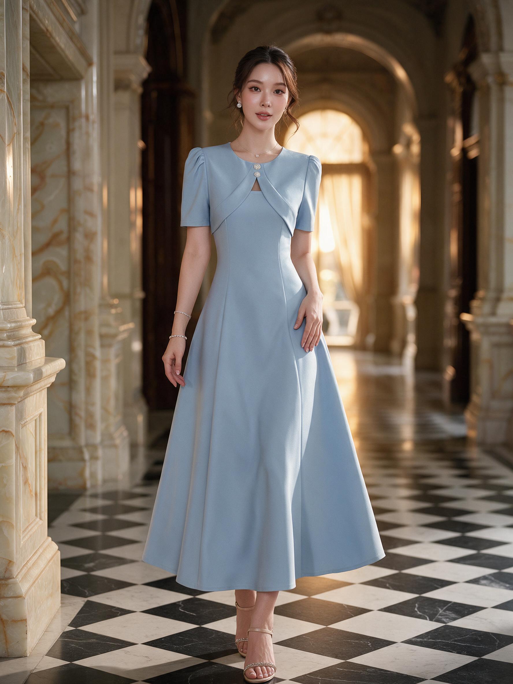 THE CLOSETA : LB84 ชุดเดรสออกงานแขนสั้นคอกลมแต่งกระดุมมุกผ้า - ลุคใส่จริง