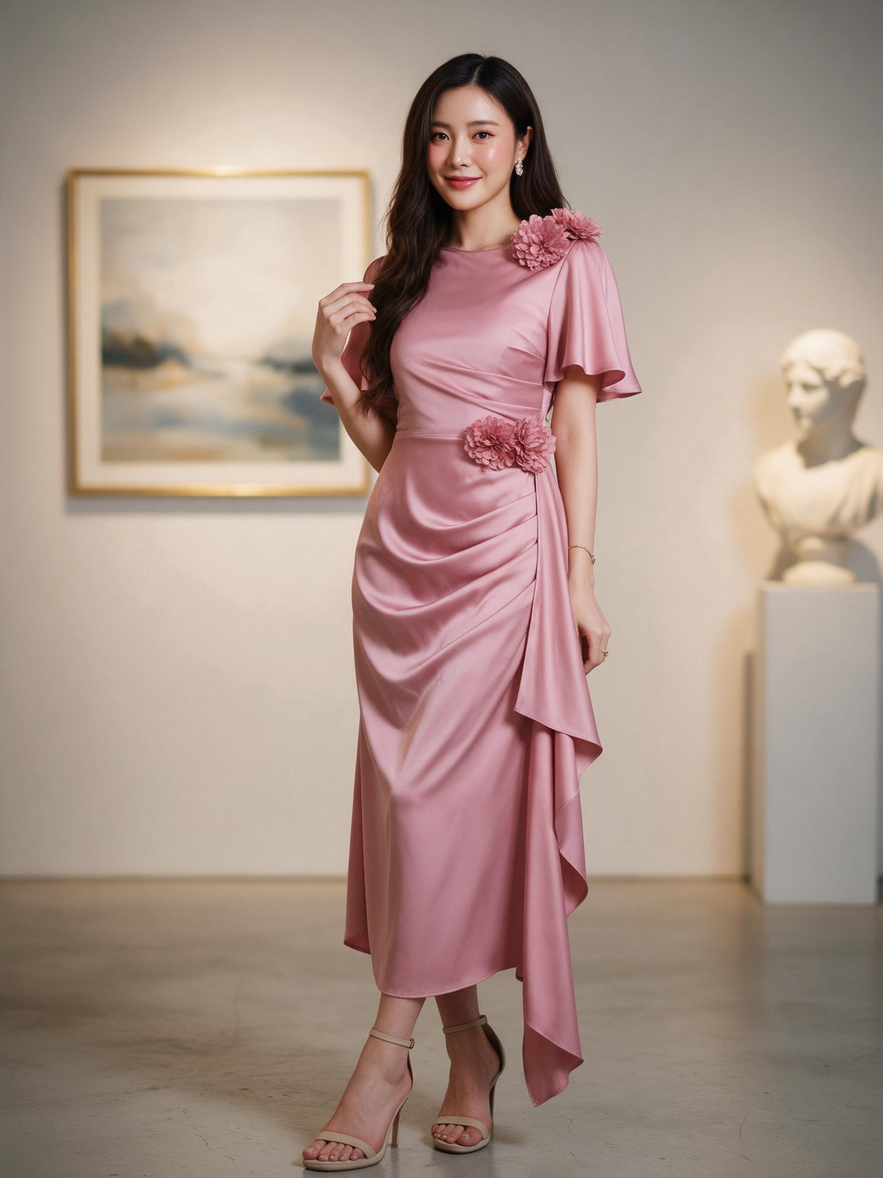 ชุดเดรส ชุดออกงาน ชุดราตรี FP039 เกรดพรีเมี่ยม คอกลม - ลุคใส่จริง