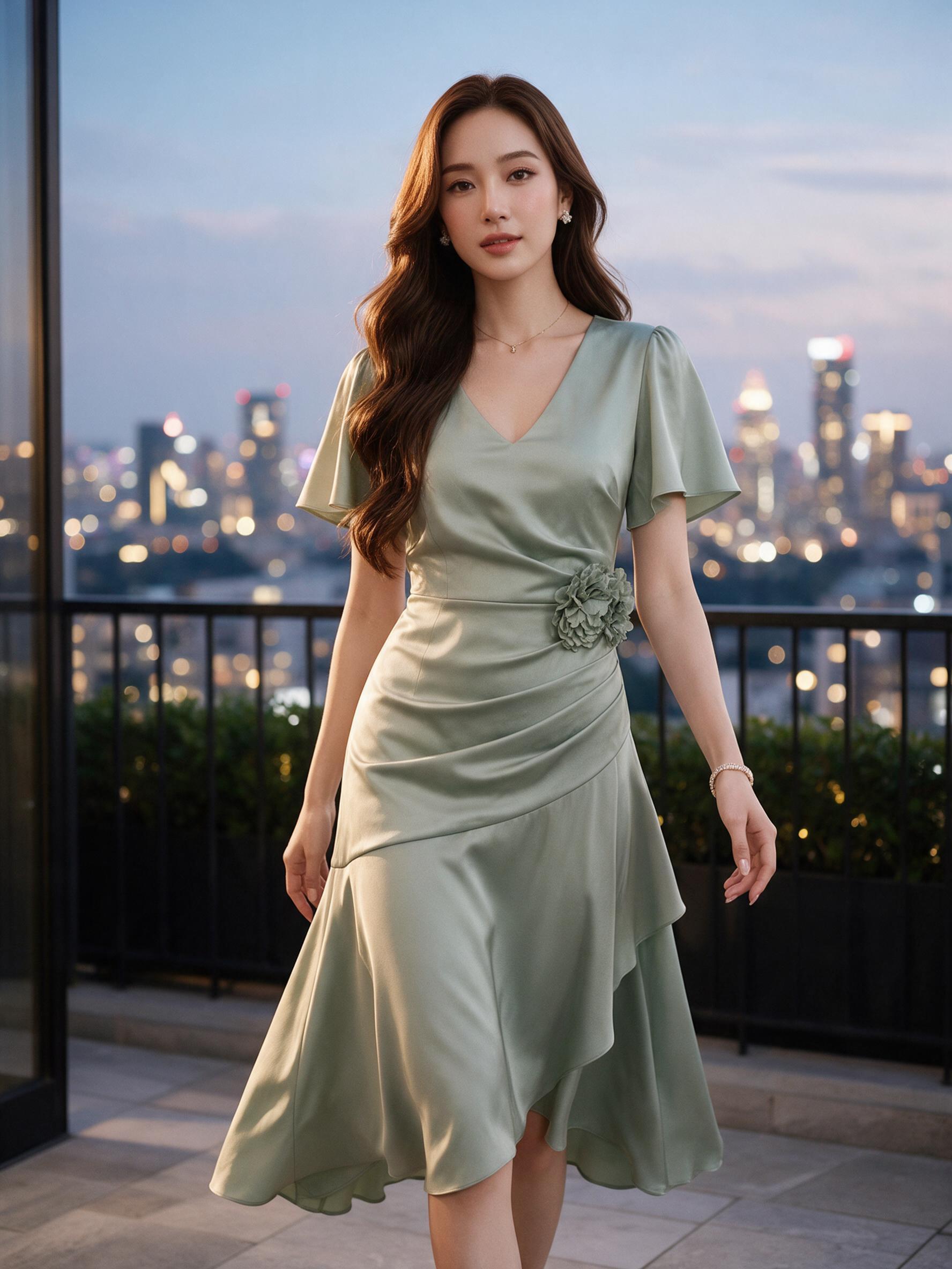 ชุดเดรส ชุดออกงาน ชุดราตรี FP068 เกรดพรีเมี่ยม คอวี แขนสั้น - ลุคใส่จริง
