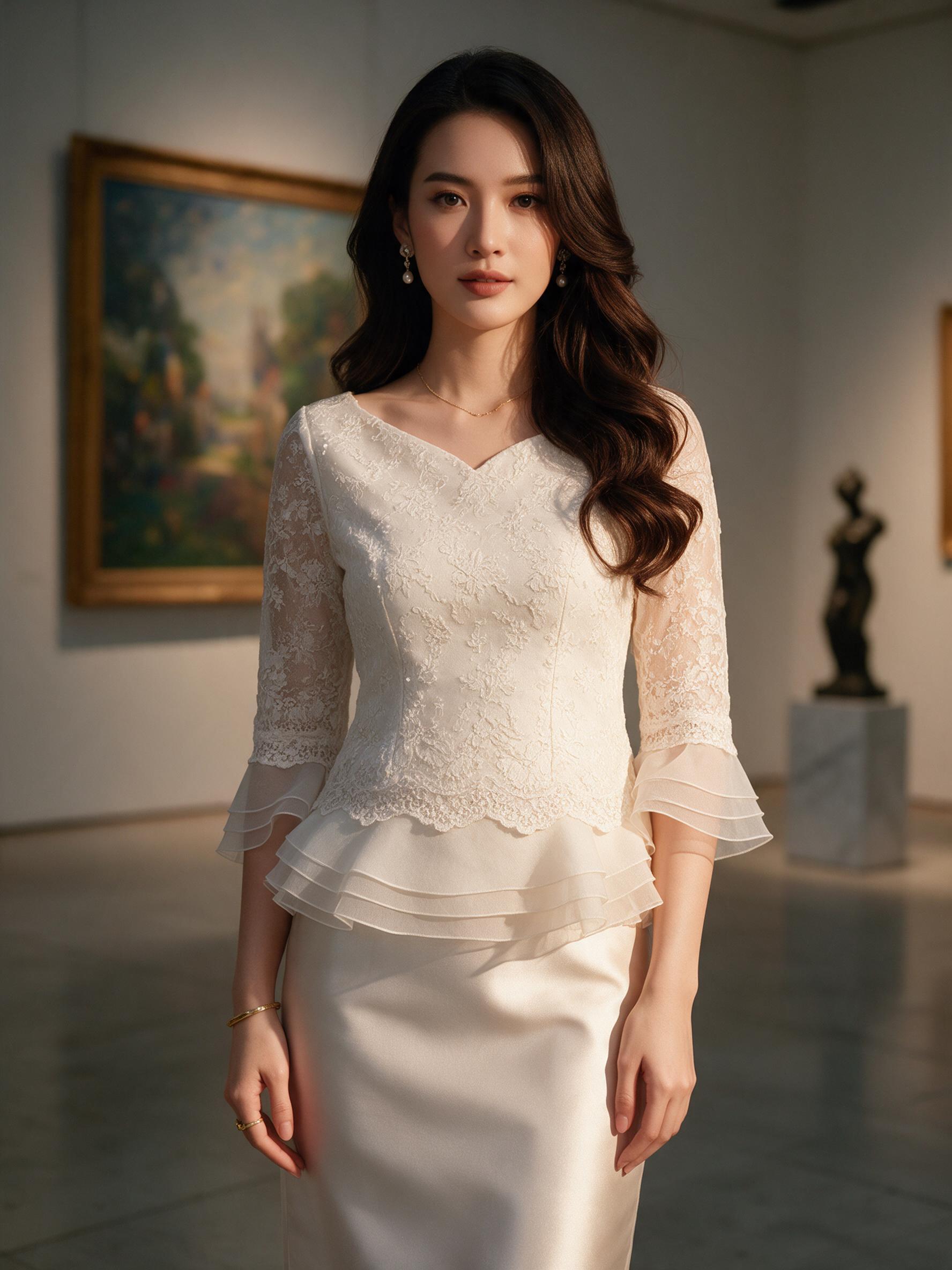 มี5สี M-4XL ชุดไทยประยุกต์ ออกงาน ไปงาน Set เสื้อลูกไม้ + - ลุคพอร์ตเทรต