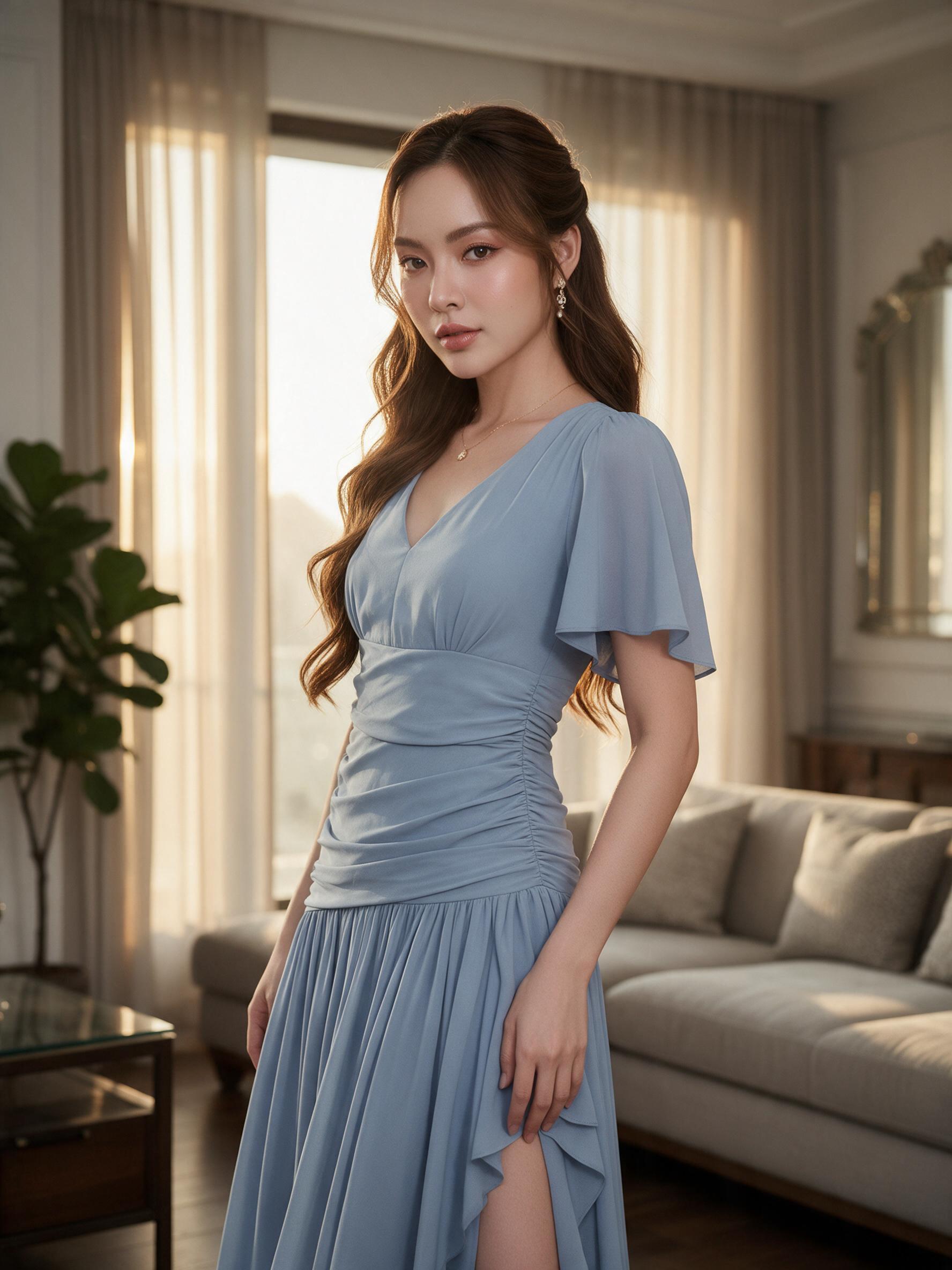 เดรสคอวีผ้าพริ้วๆๆ ผ้าชีฟองเกรดหนาสำหรับชุดไปงาน - ลุคพอร์ตเทรต
