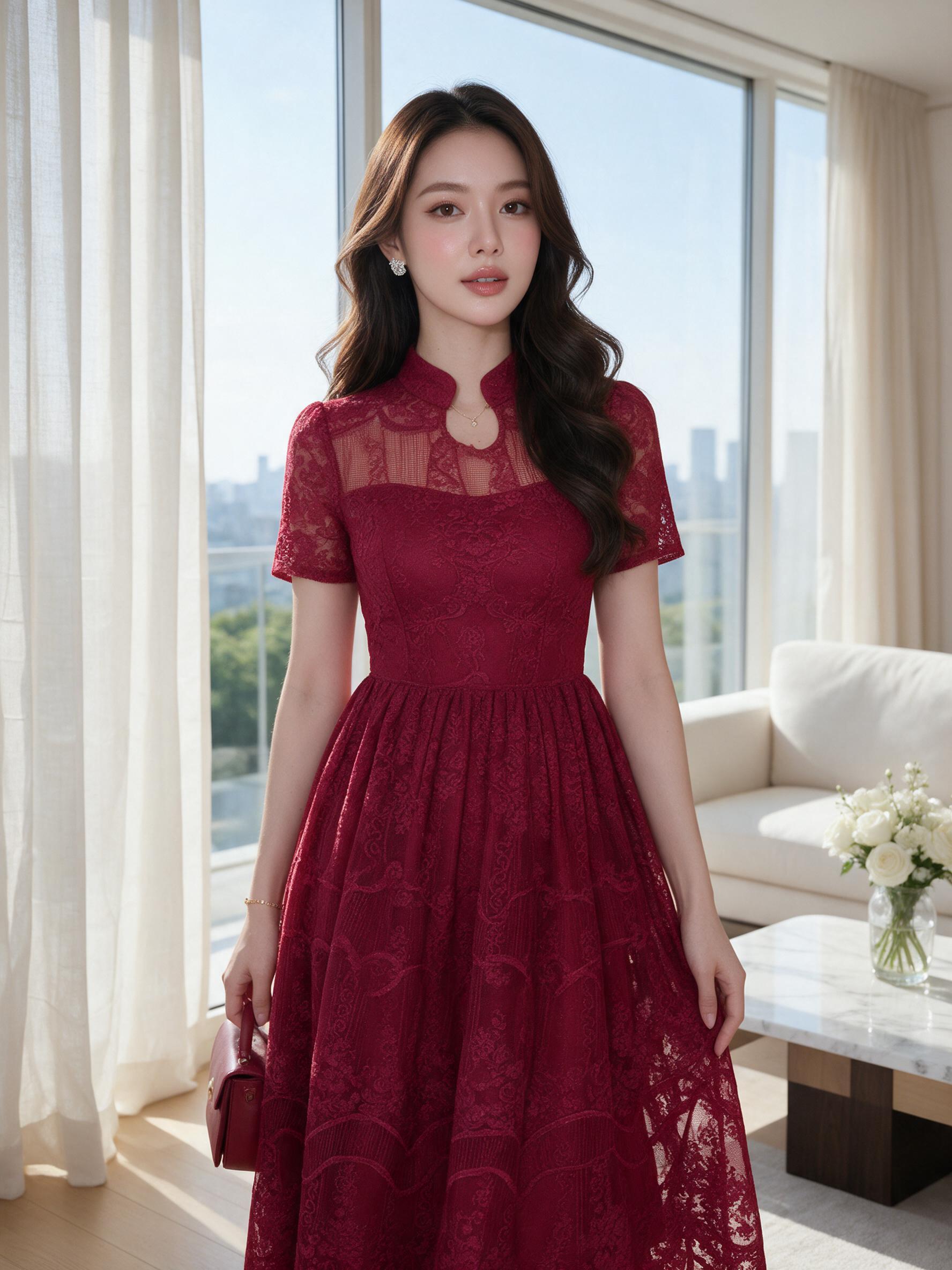 Si-am ชุดเดรสกระโปรงยาว ผ้าลูกไม้อย่างดี ทรงสวย ใส่สบาย - ลุคพอร์ตเทรต